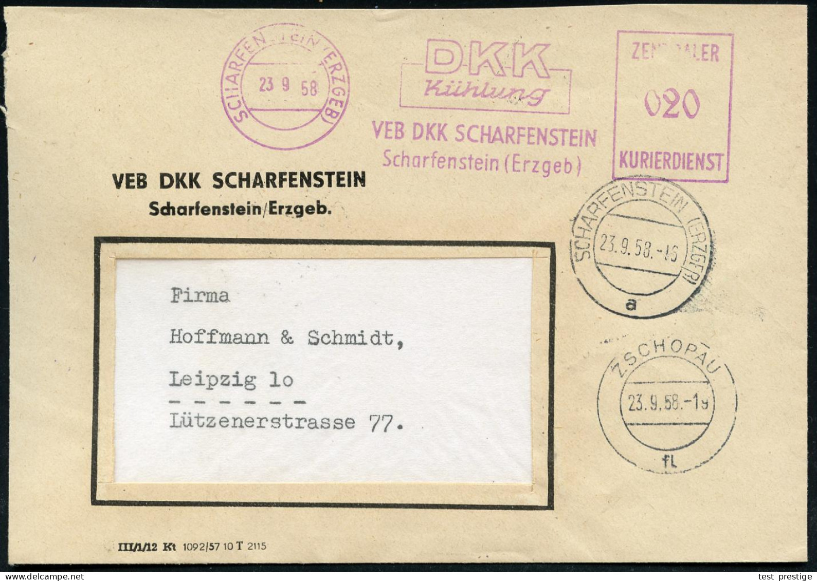 SCHARFENSTEIN (ERZGEB)/ DKK/ Kühlung/ VEB DKK SCHARFENSTEIN../ ZKD 1958 (23.9.) Lila ZKD-AFS Francotyp + 2K-Steg: SCHARF - Other