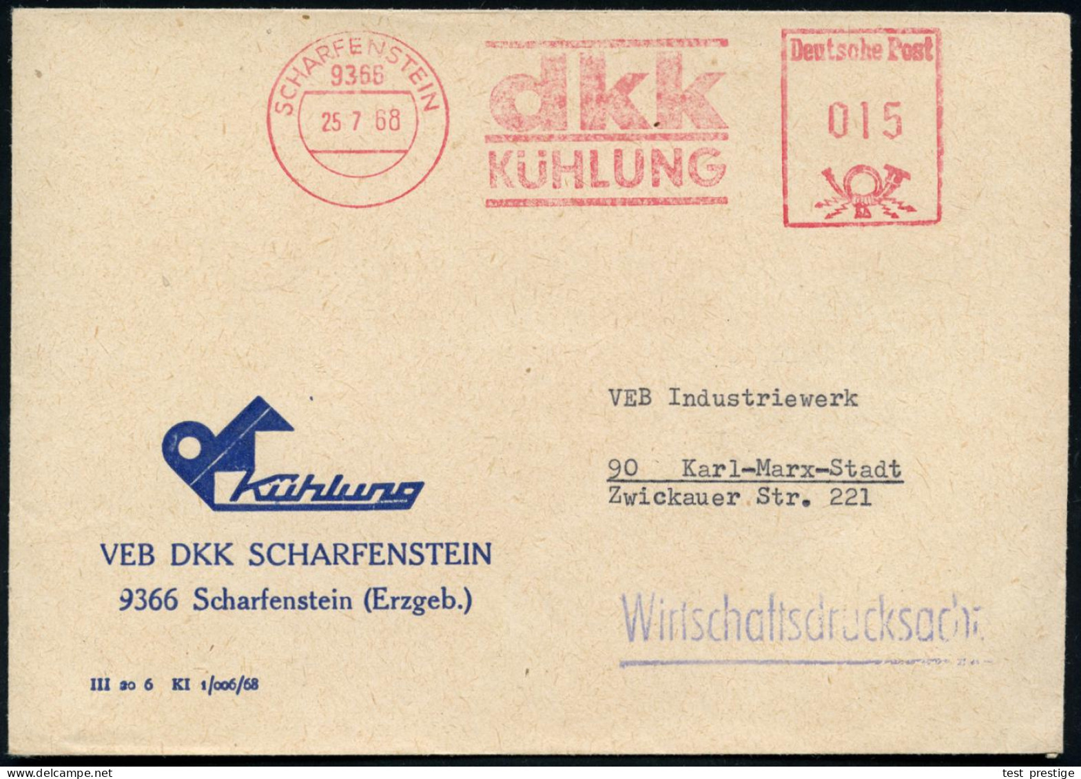 9366 SCHARFENSTEIN/ Dkk/ KÜHLUNG 1968 (25.7.) AFS Klar Auf Firmen-Bf.: VEB DKK SCHARFENSTEIN (Firmen-Logo), = Hersteller - Sonstige