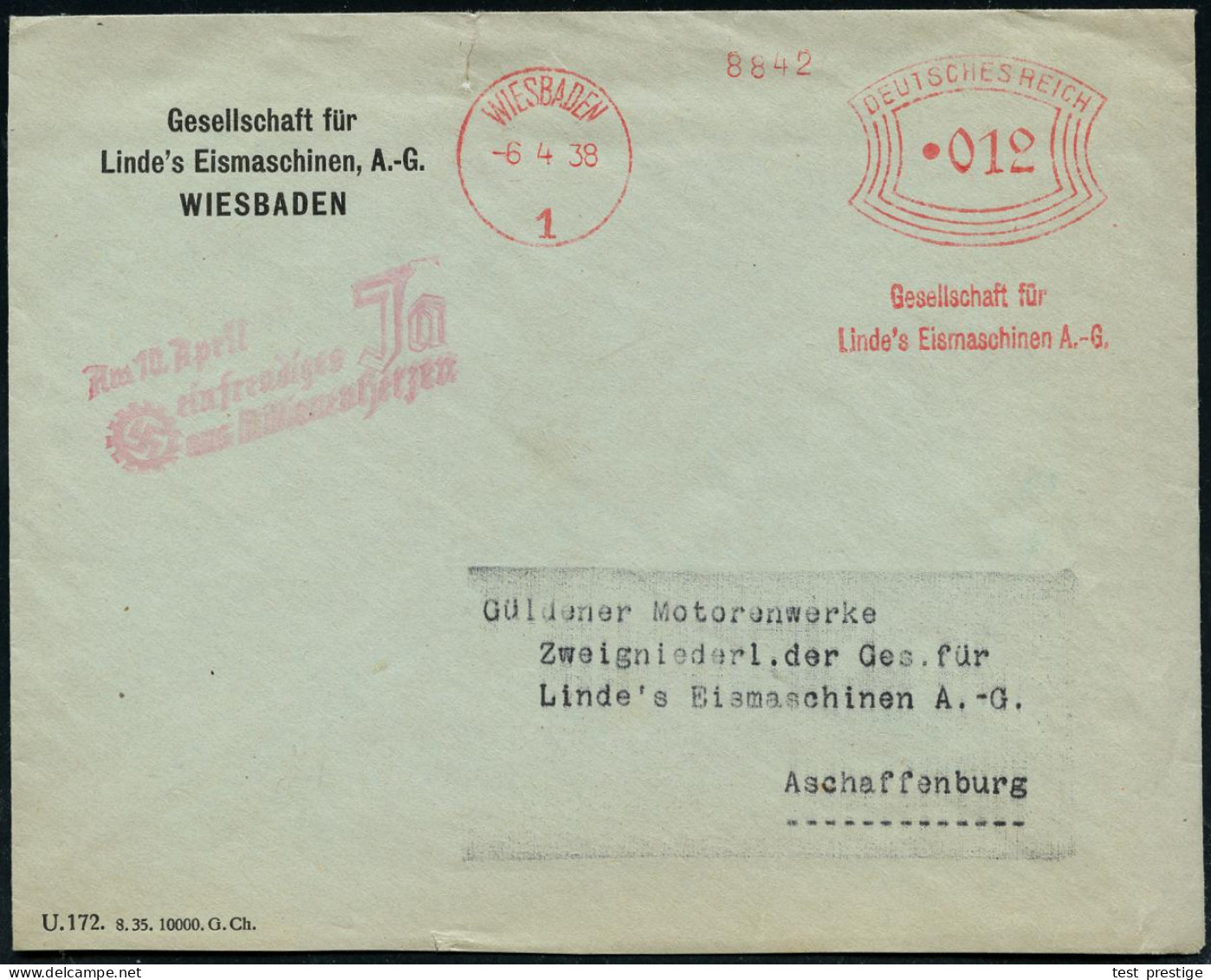 WIESBADEN/ 1/ Gesellschaft Für/ Linde's Eismaschinen AG. 1938 (6.4.) AFS Francotyp = Hersteller Von Großkühl-Aggregaten, - Other