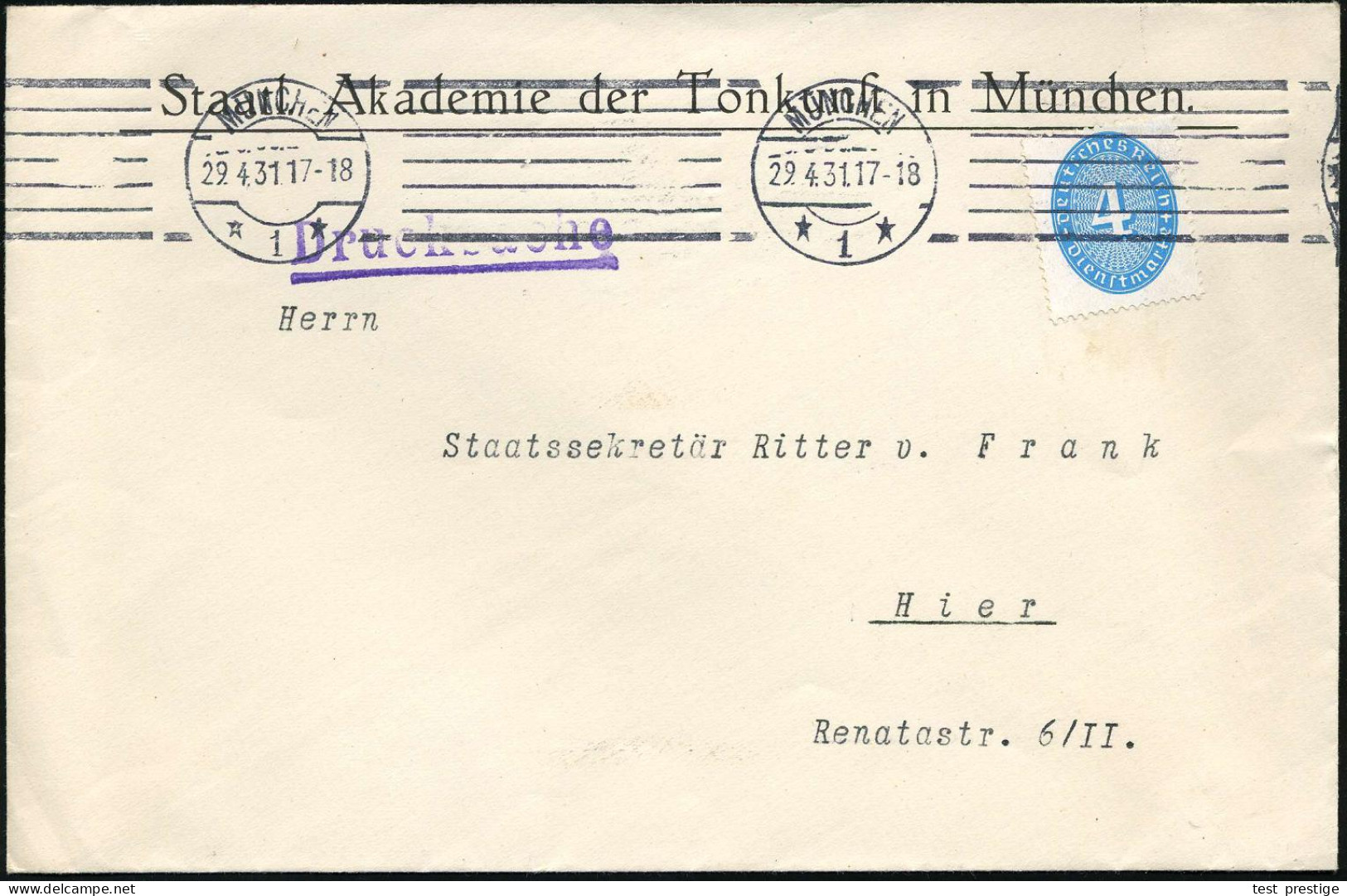 MÜNCHEN/ *1* 1931 (29.4.) Band-MaSt Auf Dienst-Bf.: Staatl. Akademie Der Tonkunst In München , Rs. Dekorat. Siegel-Vordr - Musik