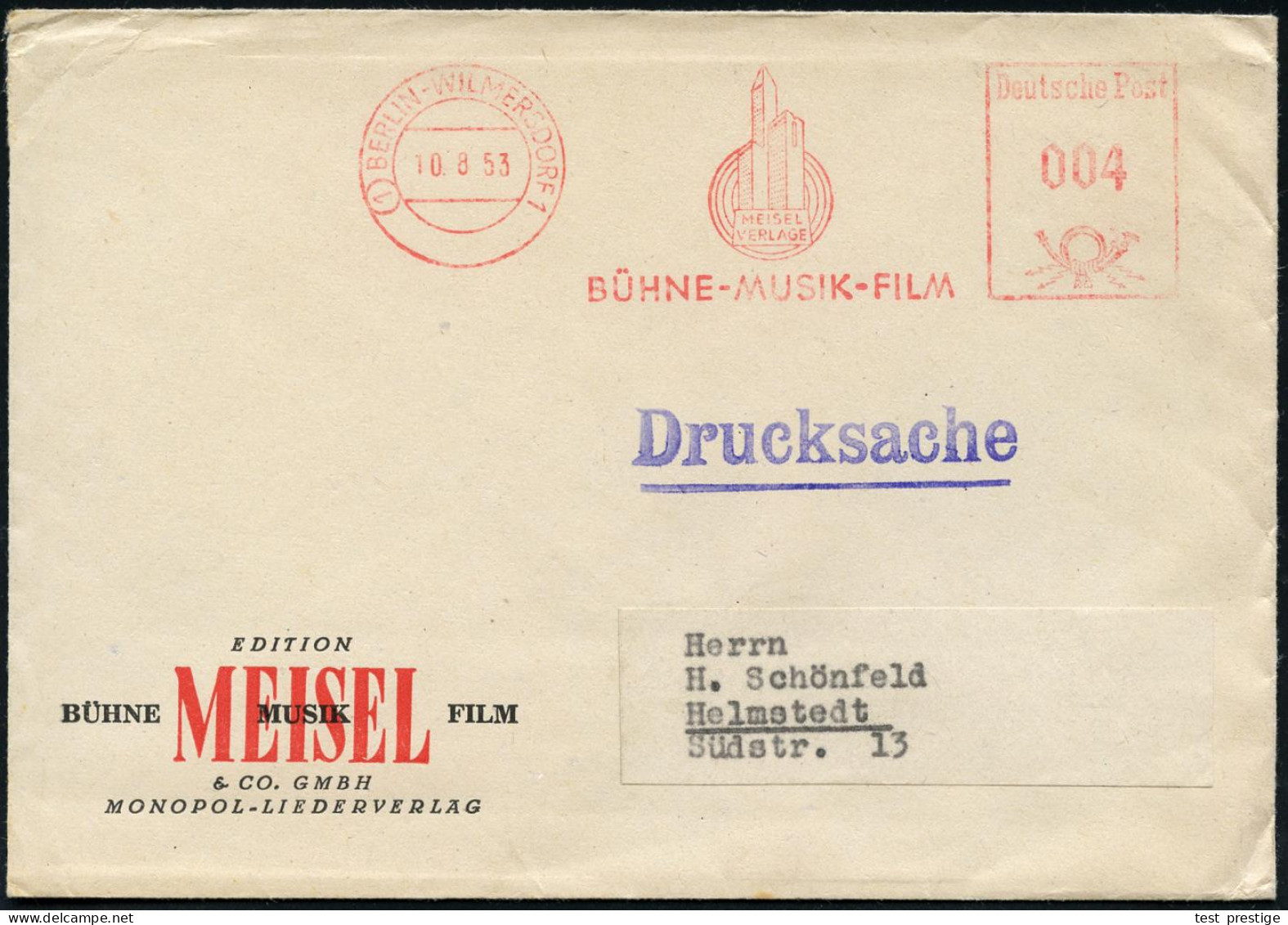 (1) BERLIN-WILMERSDORF 1/ MEISEL-VERLAG/ BÜHNE-MUSIK-FILM 1953 (10.8.) AFS Francotyp (Logo: Hochhäuser, Schallwellen) Rs - Musique