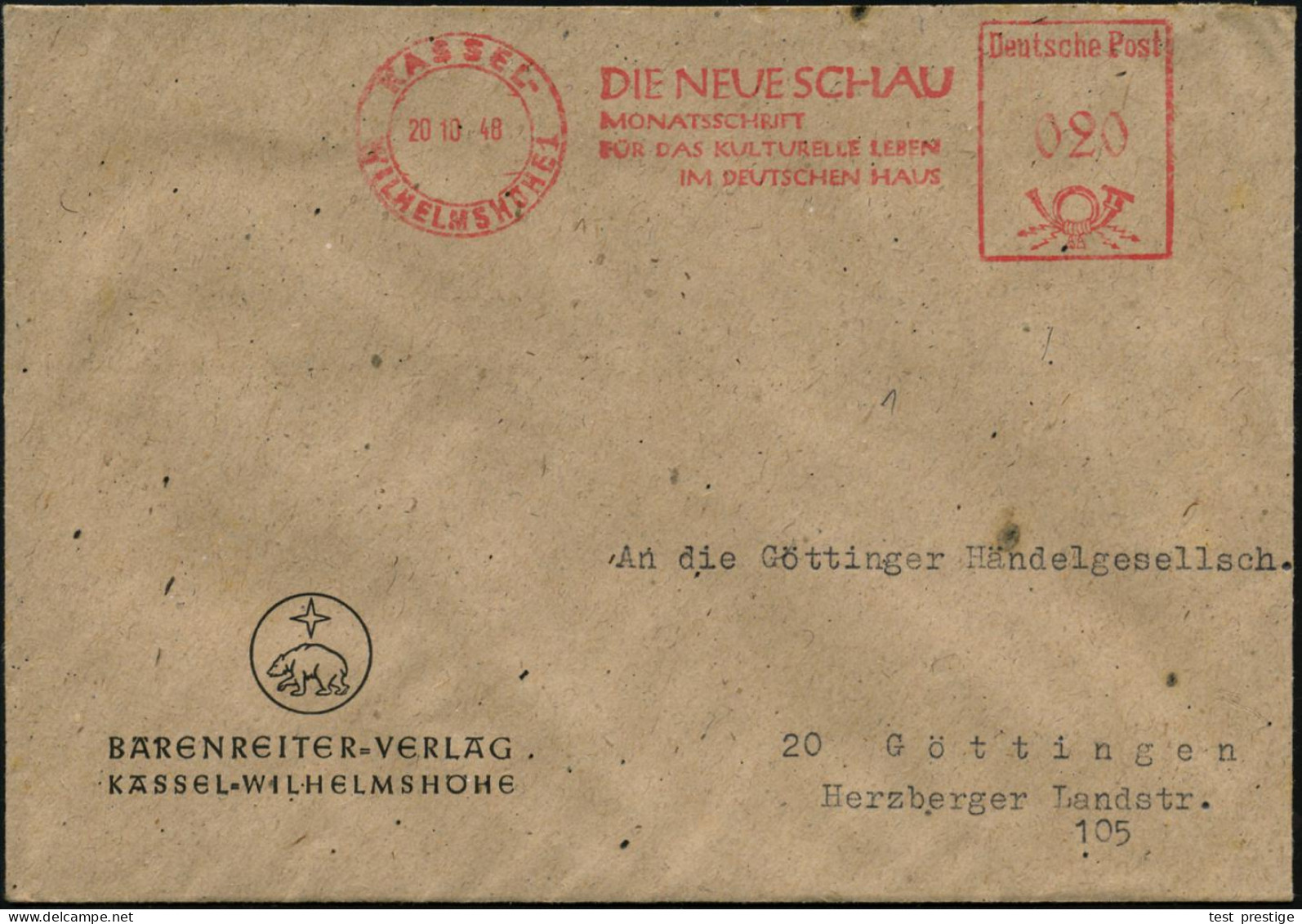 KASSEL-/ WILHELMSHÖHE 1/ DIE NEUE SCHAUMONATSZEITSCHRIFT... 1948 (20.10.) AFS Francotyp "Posthorn - Deutsche Post" Auf F - Muziek