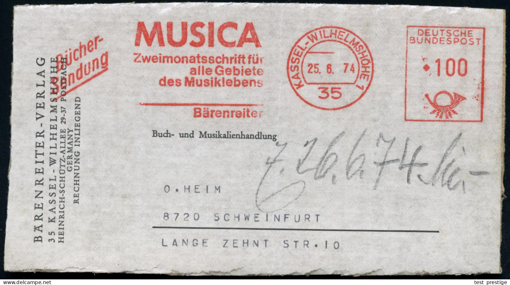 35 KASSEL-WILHELMSHÖHE 1/ MUSICA/ Zweimonatsschrift../ Bärenreiter 1974 (25.6.) AFS 100 Pf. + Zusatz "Bücher-Sendung" Au - Musik