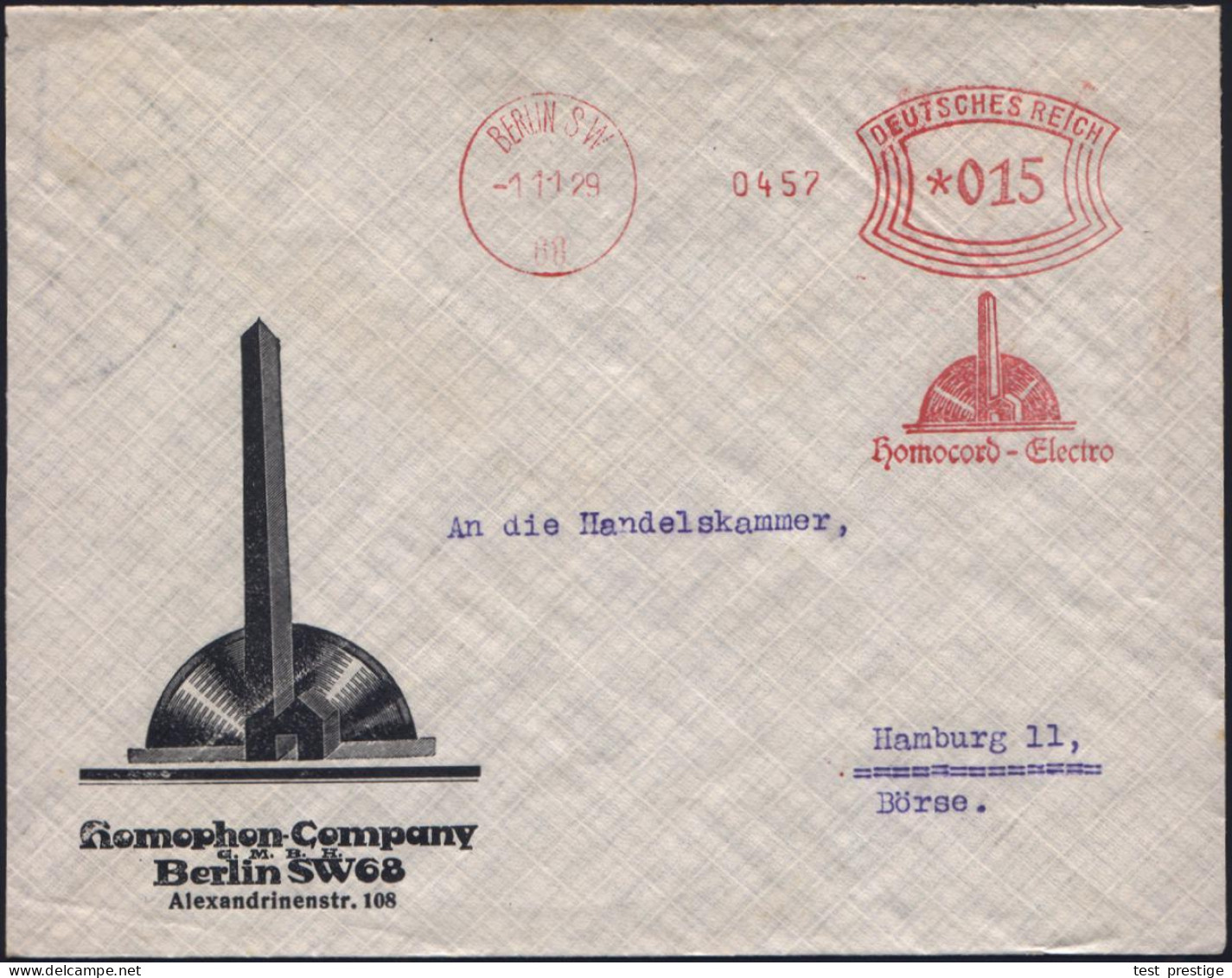 BERLIN SW/ 68/ Homocord-Elektro 1929 (1.11.) Früher, Seltener AFS Francotyp = Schallplatte (u. Monogramm-Obelisk) Motivg - Musik