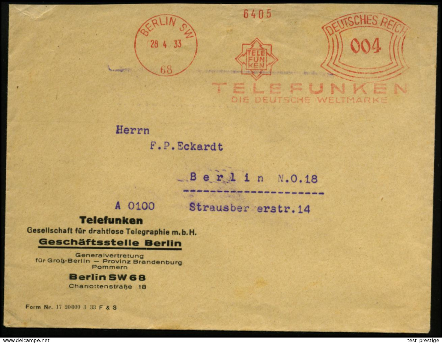 BERLIN SW/ 68/ TELEFUNKEN/ DIE DEUTSCHE WELTMARKE 1933 (28.4.) AFS Francotyp (Firmen-Logo) Firmen-Bf. (links Oben Kl. Ke - Musique