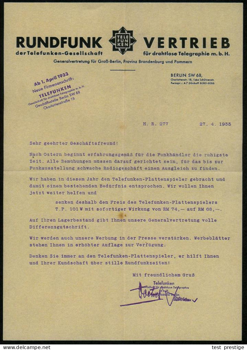 BERLIN SW/ 68/ TELEFUNKEN/ DIE DEUTSCHE WELTMARKE 1933 (28.4.) AFS Francotyp (Firmen-Logo) Firmen-Bf. (links Oben Kl. Ke - Musik