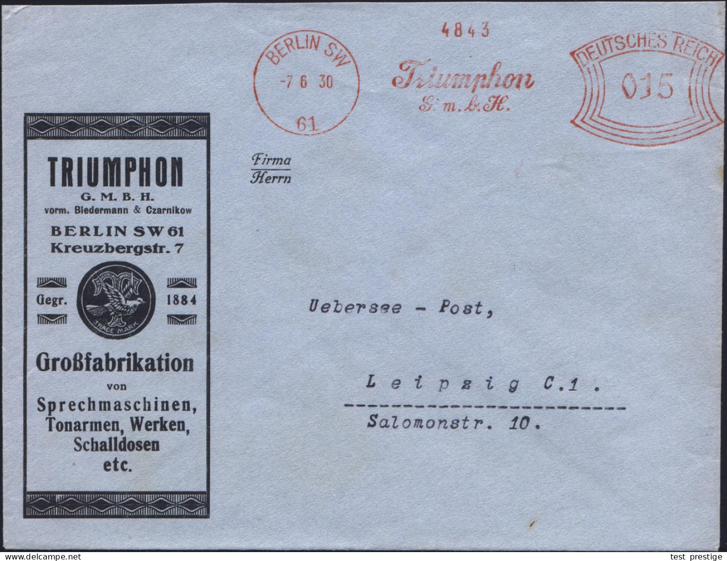 BERLIN SW/ 61/ Triumphon/ GmbH 1930 (7.6.) AFS Francotyp Klar Auf Reklame-Bf.: TRIUMPHON.. Sprechmaschinen, Tonarme.. Sc - Música