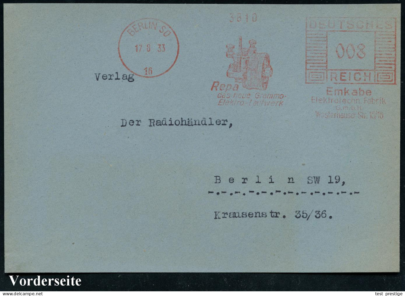 BERLIN SO/ 16/ Repa/ Das Neue Grammo-/ Elektro-Laufwerk/ Emkabe.. 1933 (17.8.) AFS Francotyp (= Grammofon-Laufwerk) Beda - Muziek