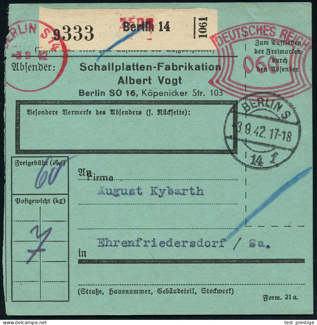 BERLIN S 14/ DEUTSCHES REICH 1942 (3.8.) Sehr Seltener Paket-FS Francotyp "Bogenrechteck" 060 Pf. (aus Format-gründen Li - Muziek