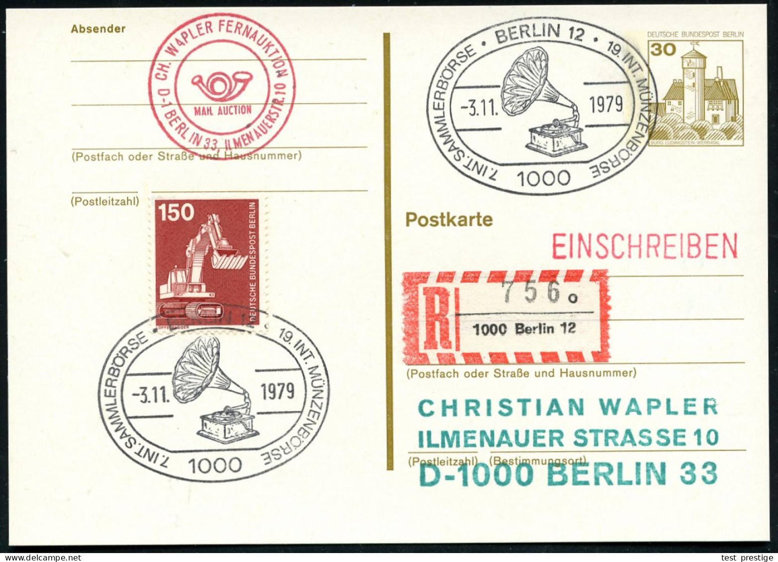 1000 BERLIN 12/ 7.INT.SAMMLERBÖRSE.. 1979 (3.11.) SSt  =histor. Trichter-Grammofon + RZ: 1000 Berlin 12/o, Klar Gest. Or - Musique