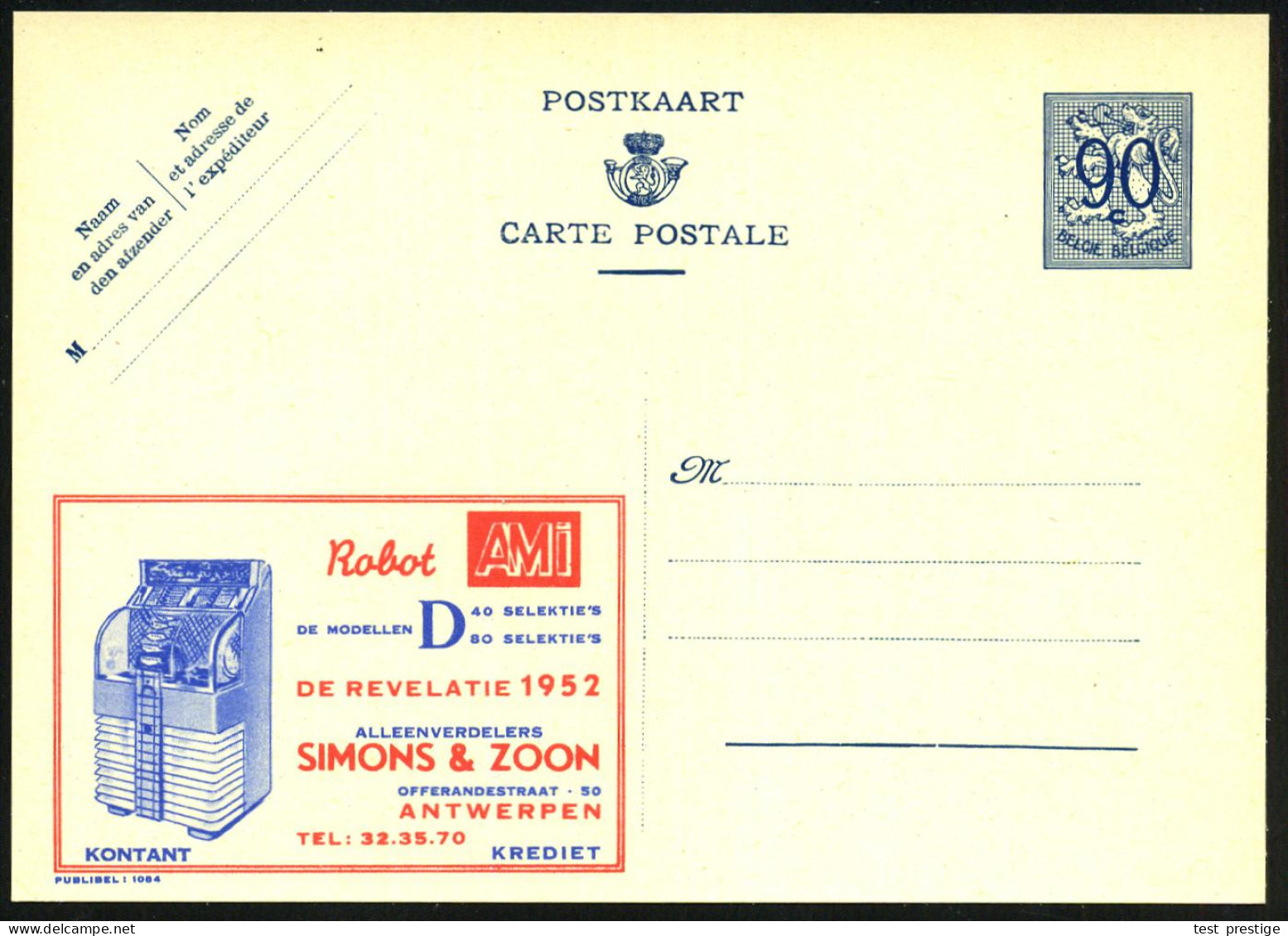 BELGIEN 1952 90 C. Reklame-P. Löwe, Blau: Robit AMI.. = Jukebox (mit Sichtfenster) Ungebr., Seltenes Motiv!  (Mi.P 273 I - Musique