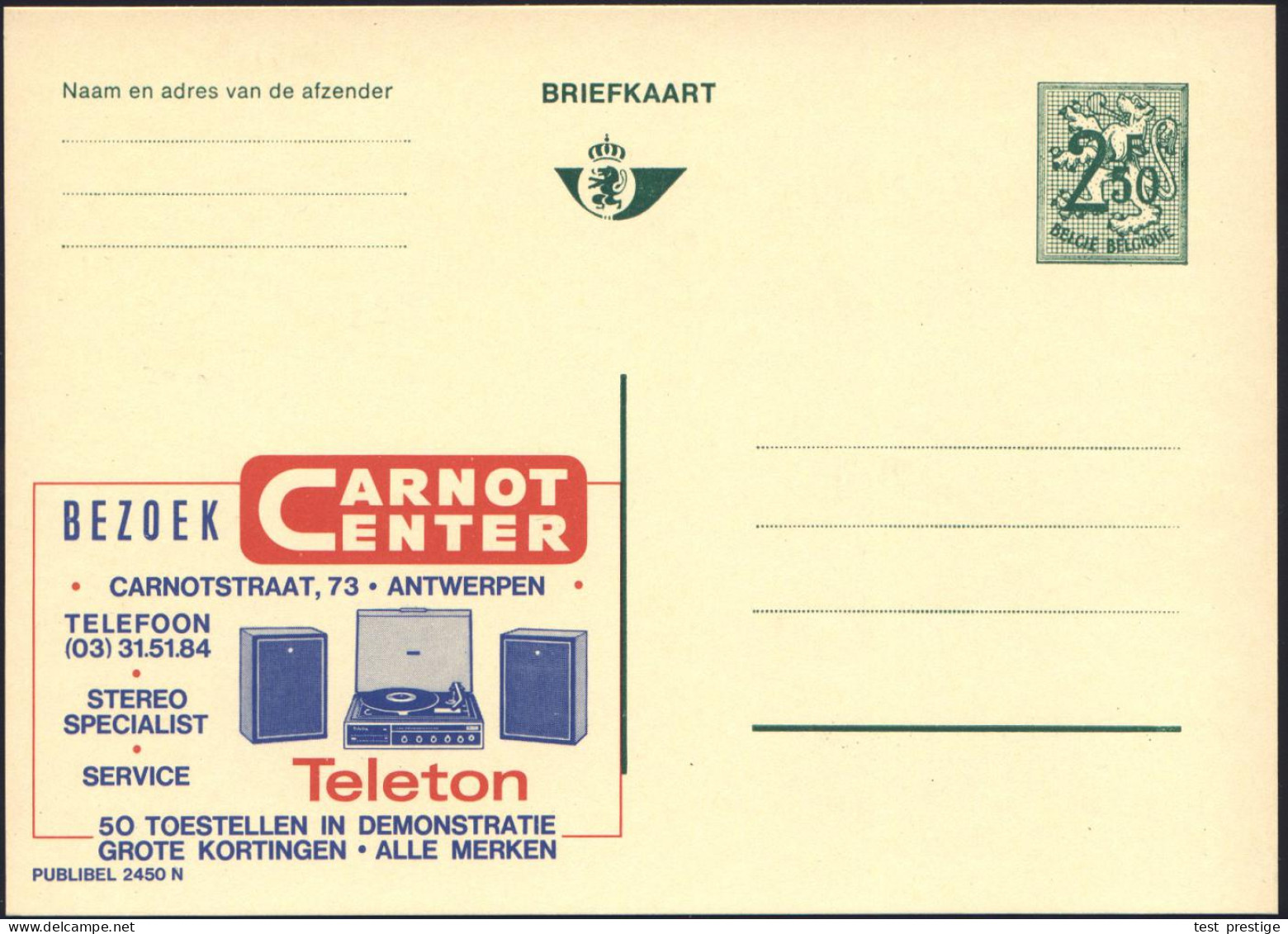 BELGIEN 1970 2,50 F. Reklame-P. Wappenlöwe, Grün: CARNOT/CENTER/STEREO SPECIALIST = Plattenspieler, 2 Boxen, Ungebr. (Mi - Musique
