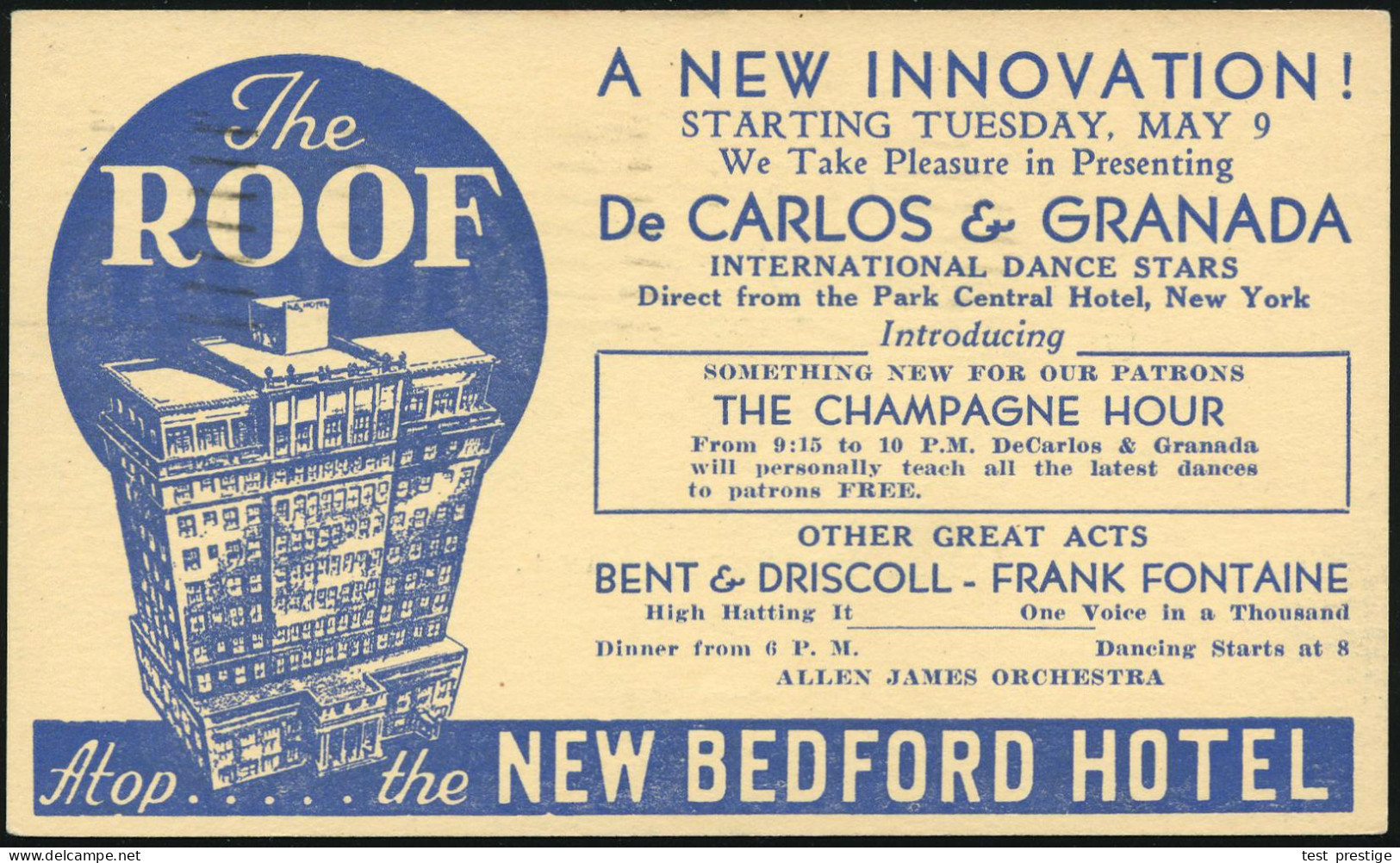 U.S.A. 1939 (5.5.) Reklame-PP 1 C. Jefferson, Grün: The ROOF.. De CARLOS & GRANADA, INTERNAT. DANCE STARS.. THE CHAMPAGN - Musique