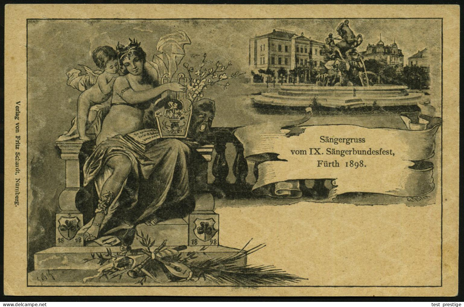 Fürth 1898 PP 5 Pf. Rauten, Grün: Sängergruss Vom IX. Sängerbundesfest.. = Muse Mit Lyra, Engel, Mytholog. Brunnen, Mado - Musique