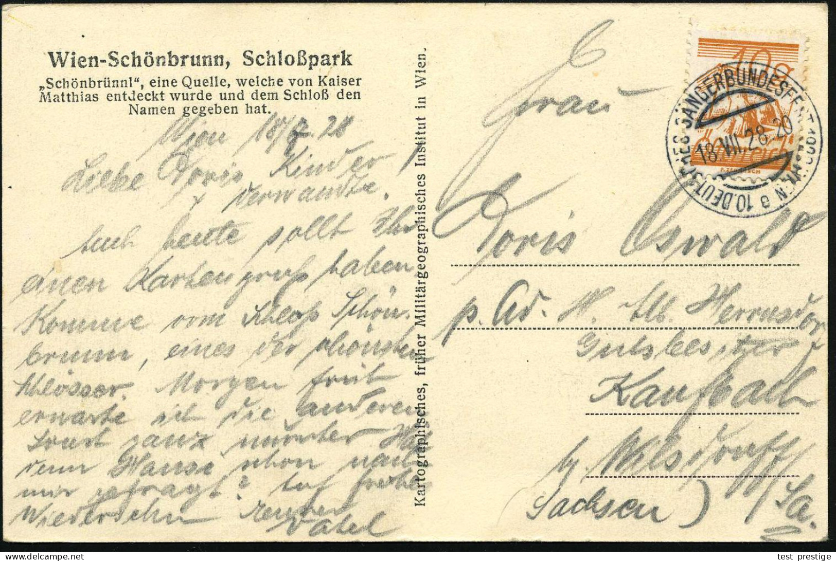 ÖSTERREICH 1928 (18.7.) SSt.: WIEN/e/10.DEUTSCHES SÄNGERBUNDESFEST , Klar Gest. Ausl.-Foto-Ak.: Schönbrunn-Quelle, Bedar - Muziek
