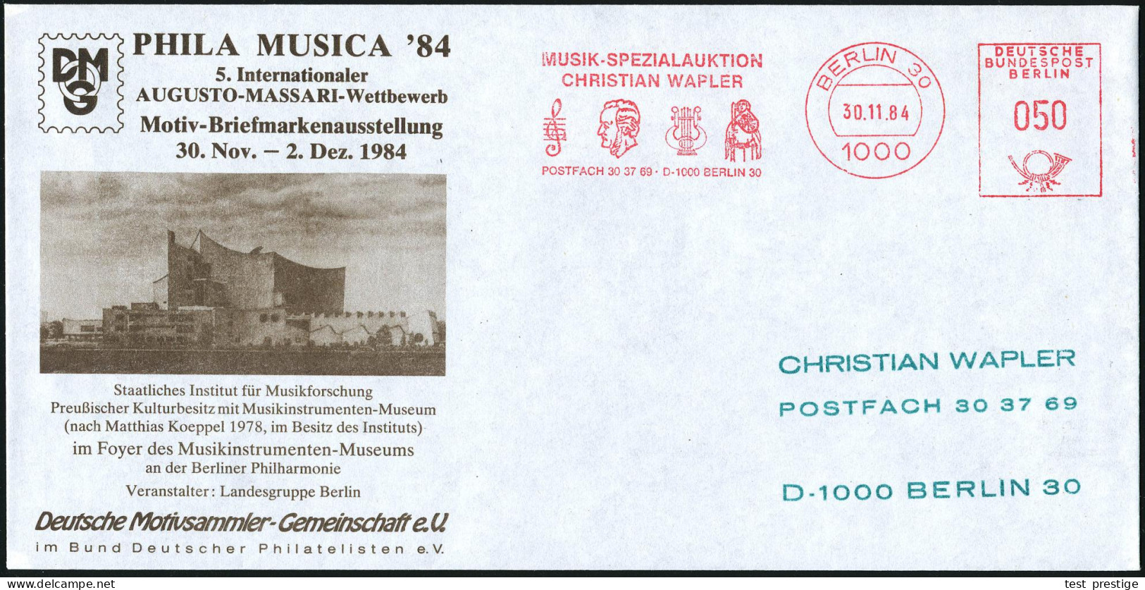 1000 BERLIN 30/ MUSIK-SPEZIALAUKTION/ CHRISTIAN WAPLER.. 1984 (30.11.) AFS = Roland V. Bremen (u. Wagner-Kopfbild Etc.)  - Musik