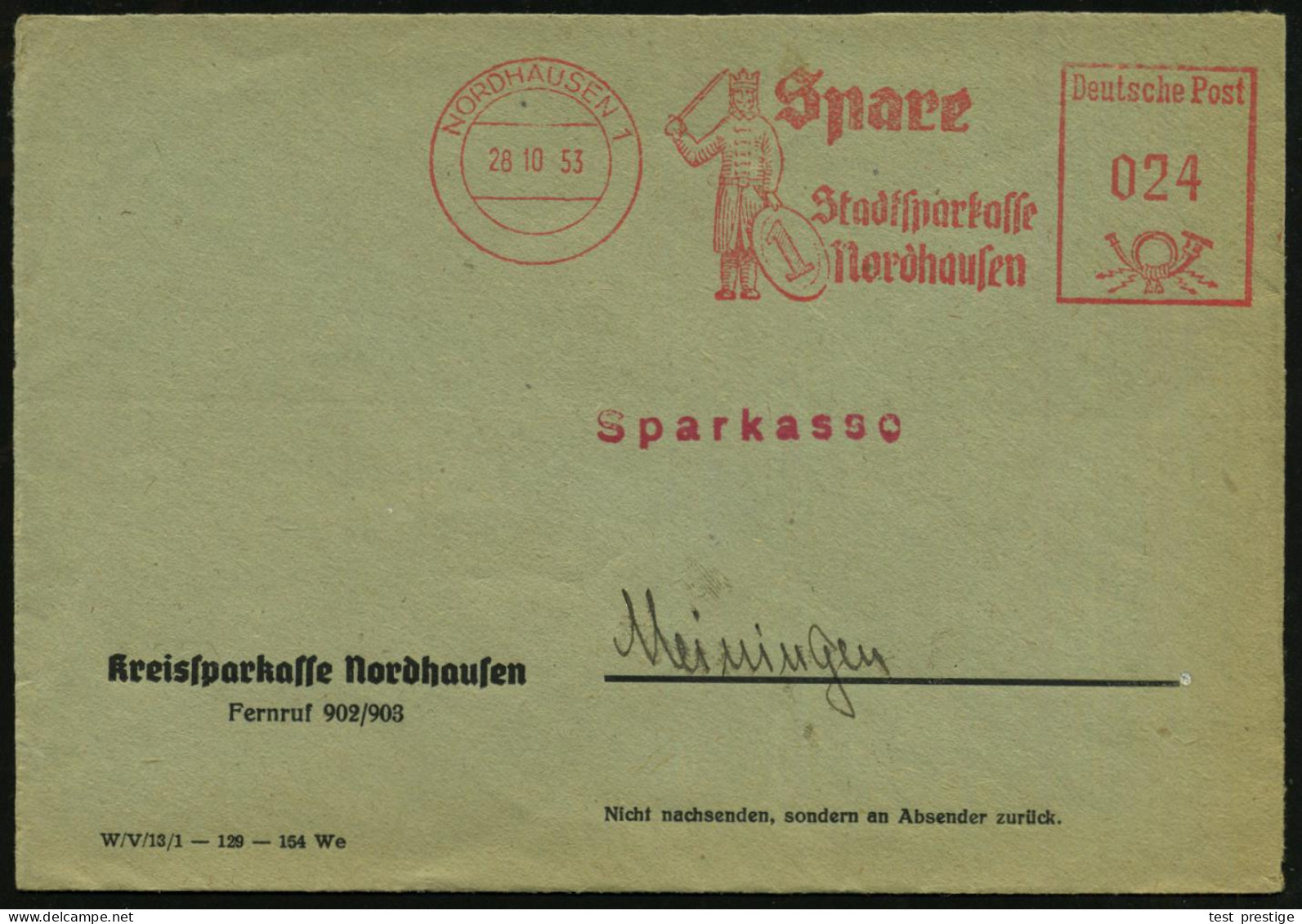 NORDHAUSEN 1/ Spare/ Stadtsparkasse.. 1953 (28.10.) Seltener AFS = Roland (mit Schwert U. 1 Pf.-Münze) Klar Gest. Firmen - Musik