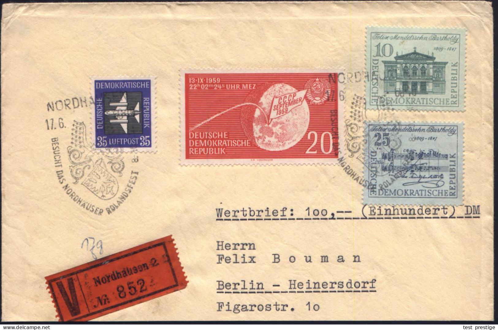 NORDHAUSEN/ BESUCHT DAS NORDHÄUSER ROLANDSFEST 8.-10.7. 1960 (17.6.) HWSt (Wappen Mit Flügelhelm) 2x Klar + Roter V-Zett - Musik