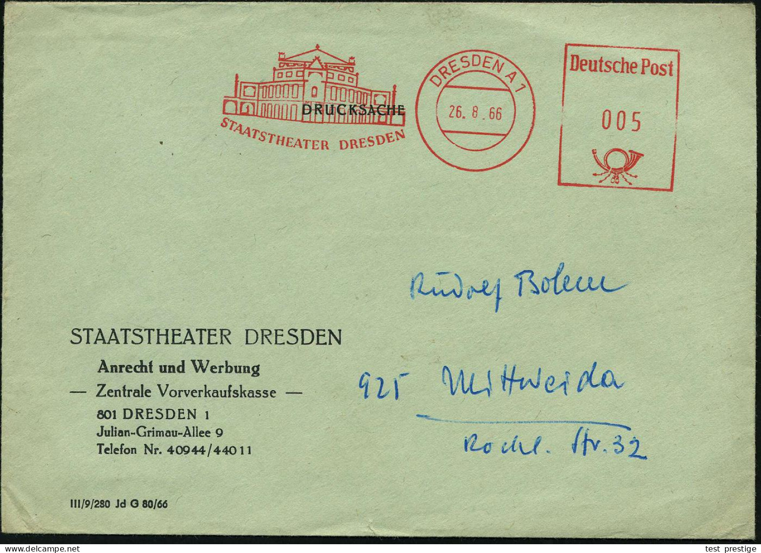 DRESDEN A 1/ STAATSTHEATER DRESDEN 1966 (26.8.) AFS Postalia Ohne PLZ = "Semper"-Oper (von Gottfried Semper, Erbaut 1871 - Muziek