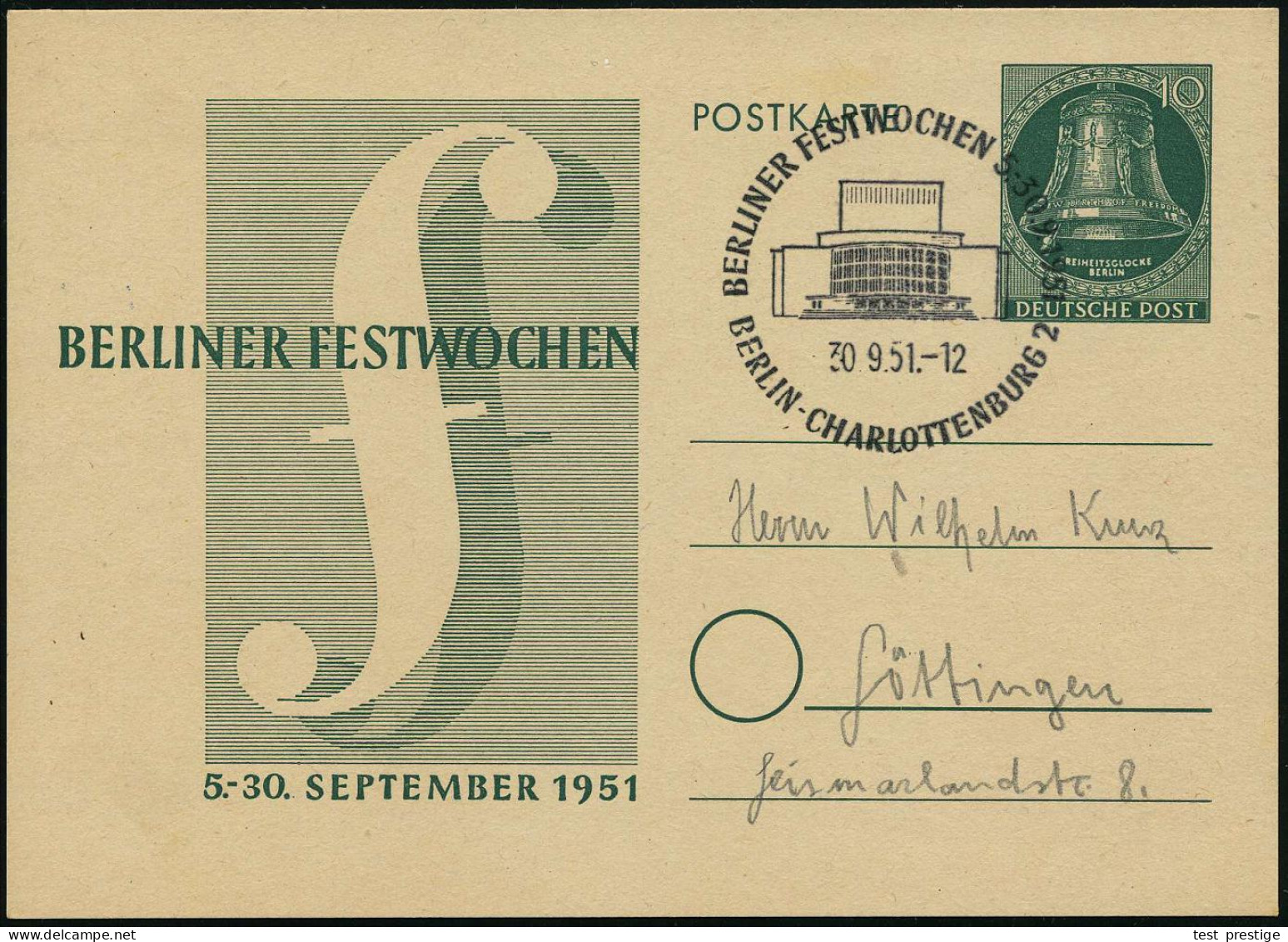 BERLIN-CHARLOTTENBURG 2/ BERLINER FESTWOCHEN 1951 (30.9.) SSt = Schiller-Theater Auf Sonder-P 10 Pf. Glocke: BERLINER FE - Música