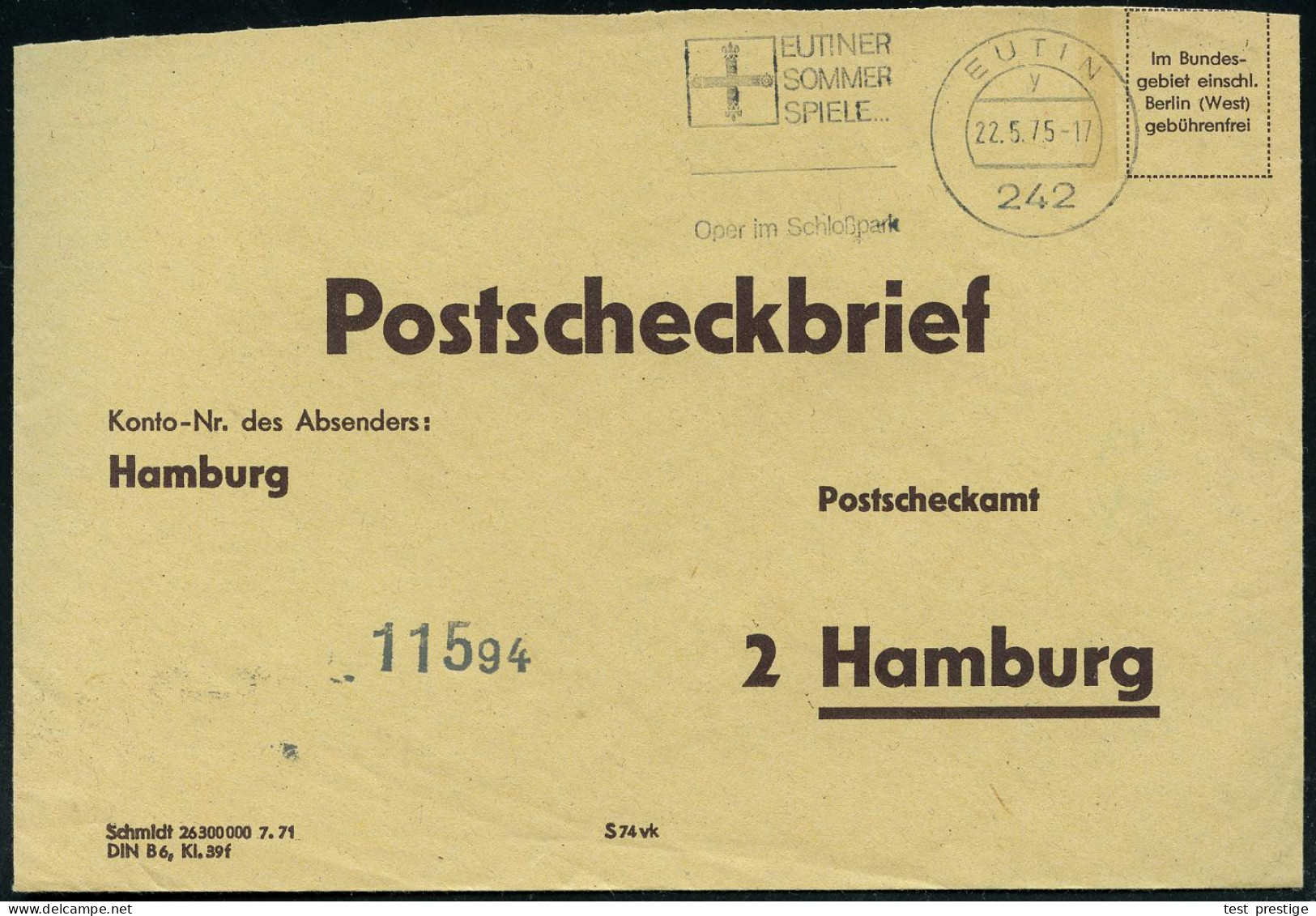 242 EUTIN/ Y/ EUTINER/ SOMMER/ SPIELE/ Oper Im Schloßpark 1975 (22.5.) MWSt (Wappen) Auf Portofreiem, Gelbem PSch-Bf. (o - Música