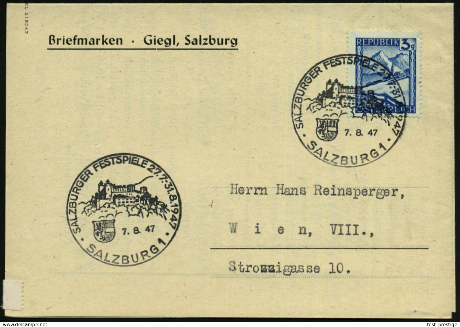 ÖSTERREICH 1947 (7.8.) SSt.: SALZBURG 1/SALZBURGER FESTSPIELE 27.7.-31.8. (= Festung Hohensalzburg) Klar Gest. Inl.-Falt - Music