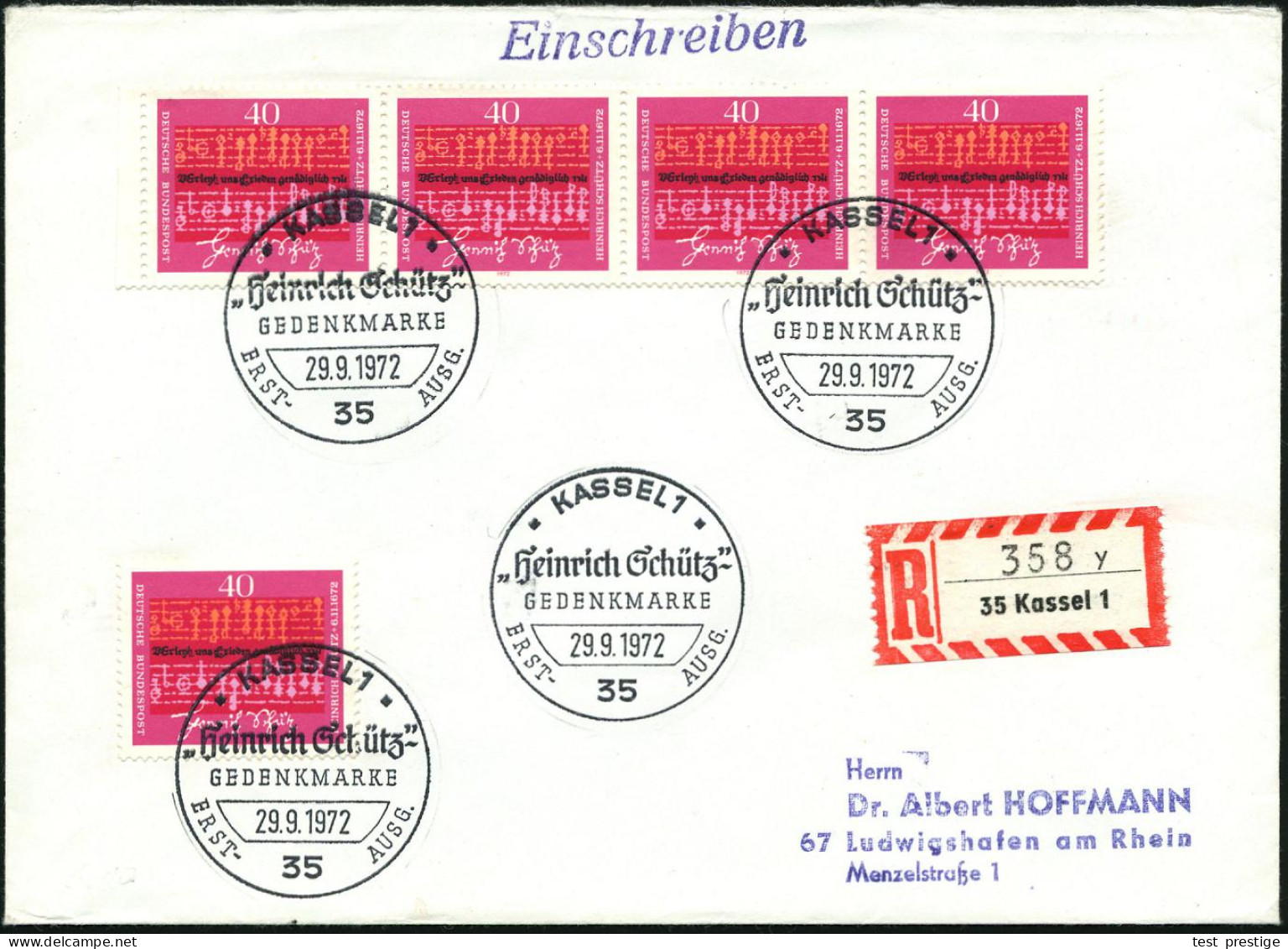 35 KASSEL 1/ "Heinrich Schütz"-/ GEDENKMARKE/ ERST-AUSG. 1972 (29.9.) SSt Auf Reiner MeF 40 Pf. "300. Todestag H. Schütz - Music