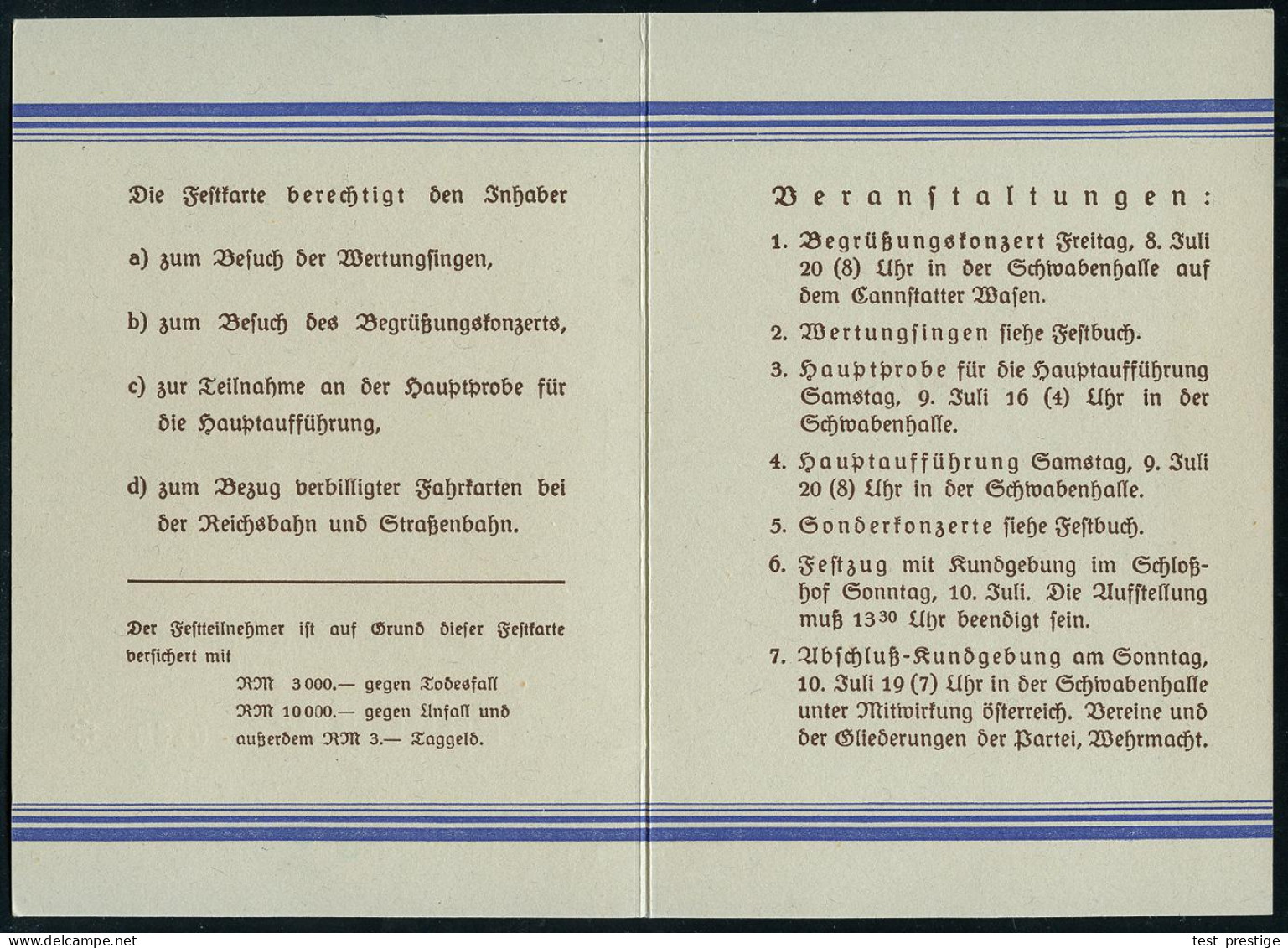 Stuttgart 1938 3 Verschied. Dokumente "34. Schwäb. Liederfest Stuttgart": Fest-Klappkt. M. Brustbild  Friedrich  S I L C - Musique