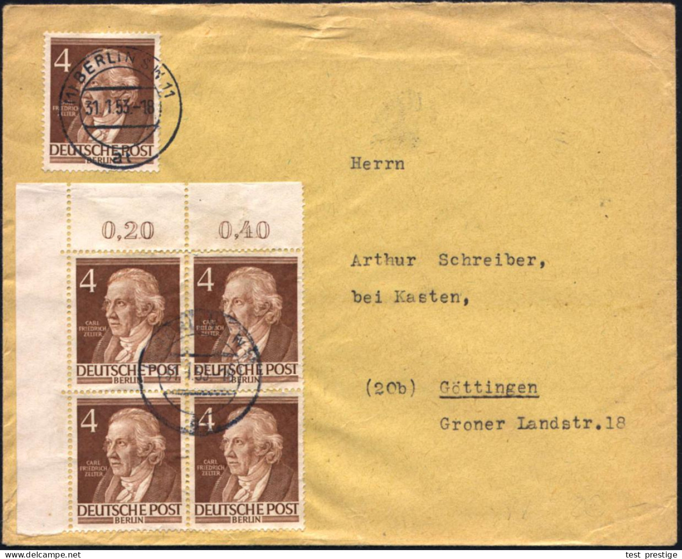 BERLIN 1953 (31.1.) 4 Pf. "120. Todesjahr Carl F. Zelter", Reine MeF: Bogen-Eckrand-4er-Bl. + Einzelstück Sauber Gest. ( - Music