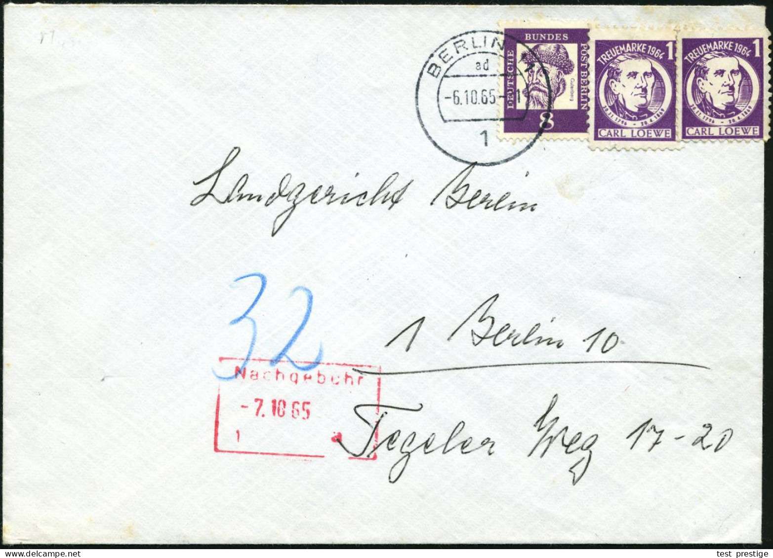 BERLIN 11 1965 (6.10.) 1K: 1 BERLIN 11/ad Auf 8 Pf. Gutenbg. + 2x 1 Pf. Spendenmarke "Carl Loewe" (Komponist 1796 - 1869 - Music