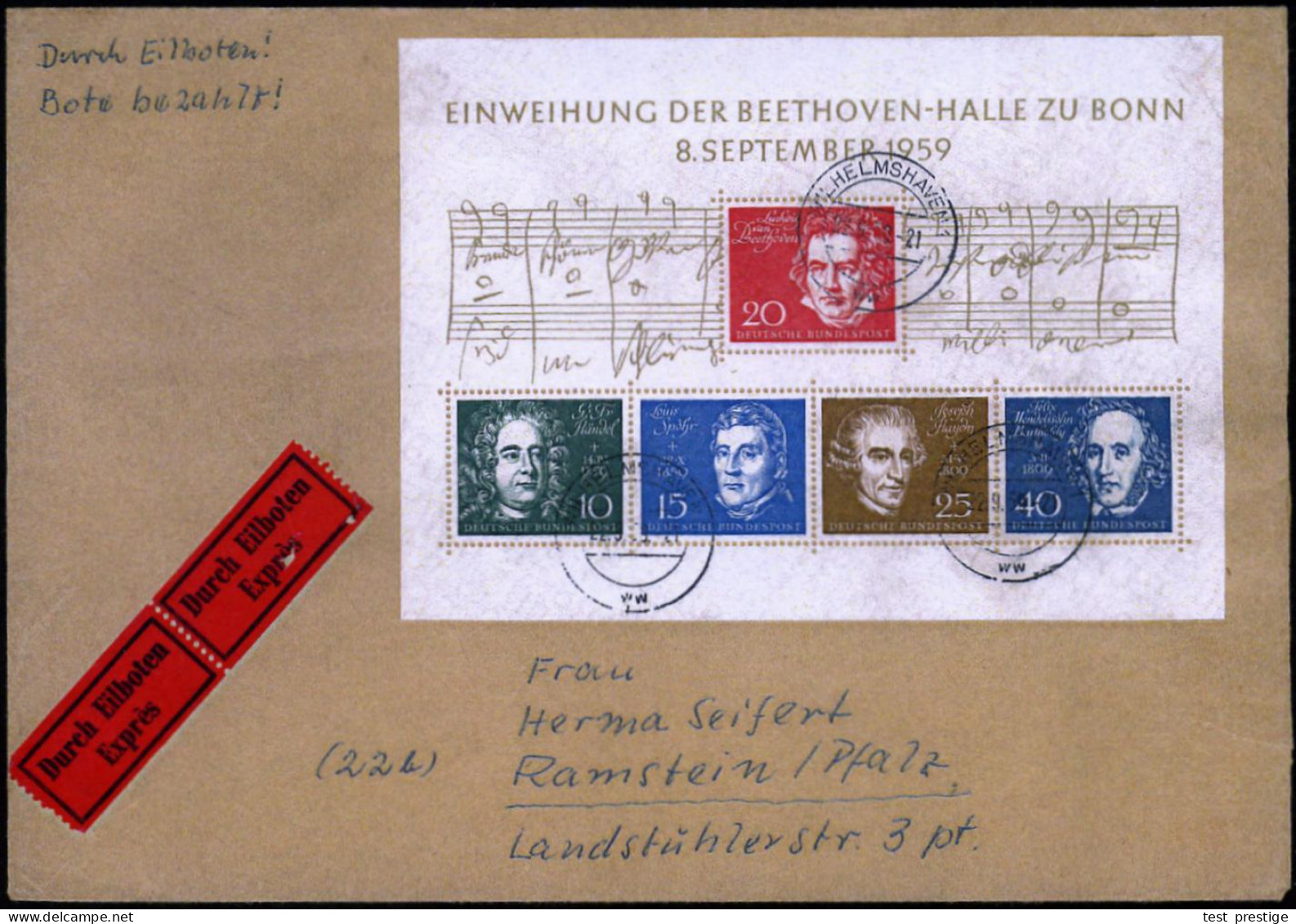 B.R.D. 1960 (19.2.) Beethoven-Block, EF = Beethoven, Händel, Spohr, Haydn U. Mendelssohn-Bartholdy + RZ: Scheeßel/ (Bz B - Music