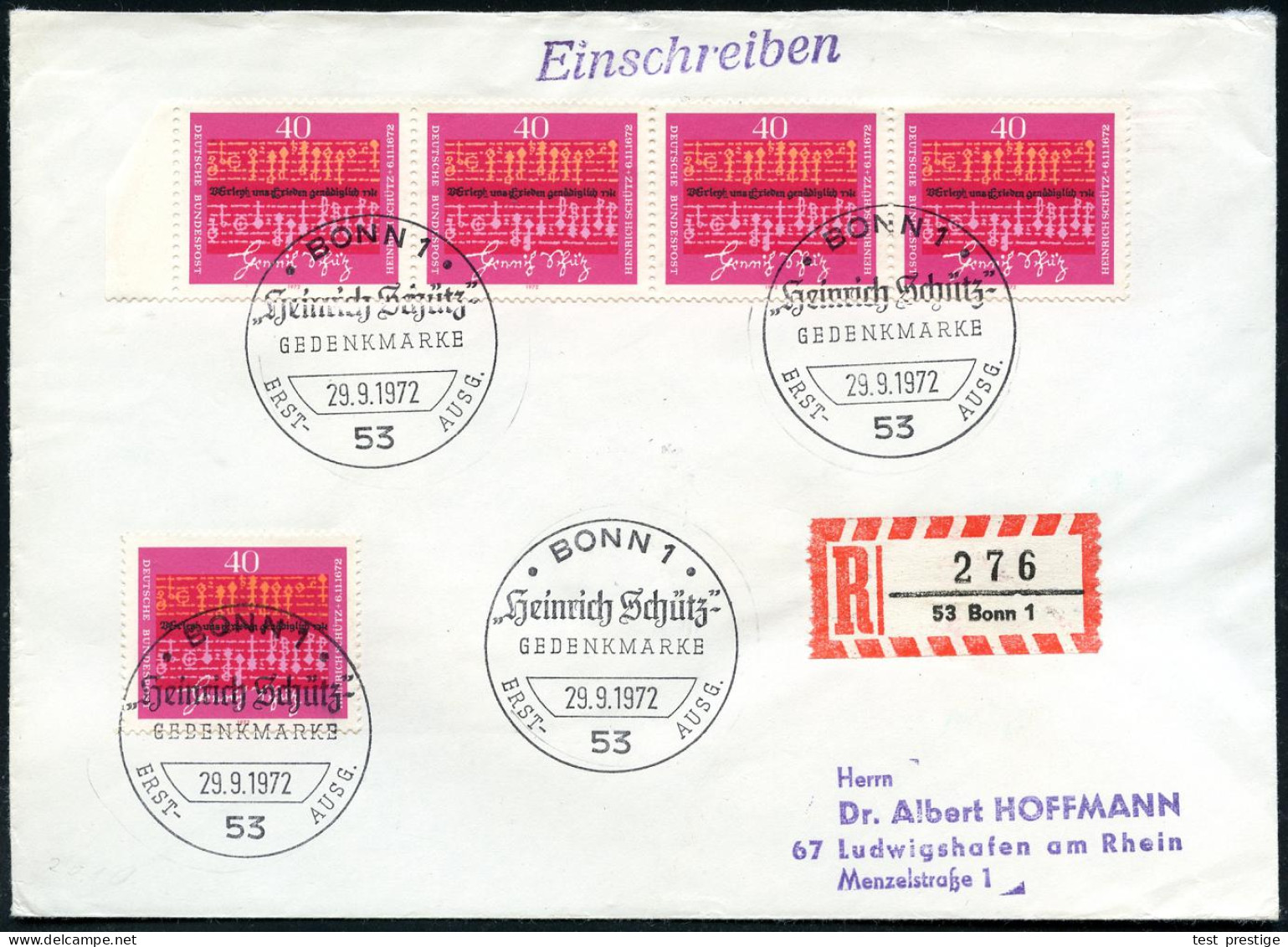 B.R.D. 1972 (29.9.) 40 Pf. "300. Todestag H.Schütz", Reine MeF: 4er-Streifen + Einzelst. + ET-SSt (Bonn 1) + RZ: 53 Bonn - Musik