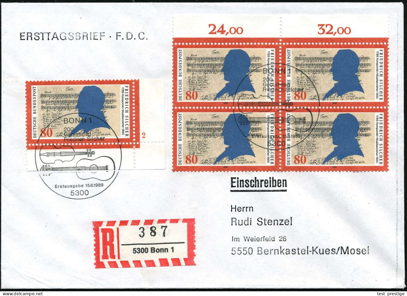 B.R.D. 1989 (15.6.) 80 Pf. "200. Geburtstag Friedr. Silcher", Reine MeF: 5 Stück + ET-SSt 5300 BONN 1 + RZ: 5300 Bonn 1, - Música