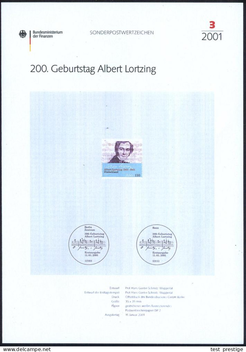 B.R.D. 2001 (Jan.) 110 Pf. "200. Geburtstag Albert Lortzing", Mit Amtl. Handstempel  "M U S T E R" , Postfr. + Amtl. Ank - Música