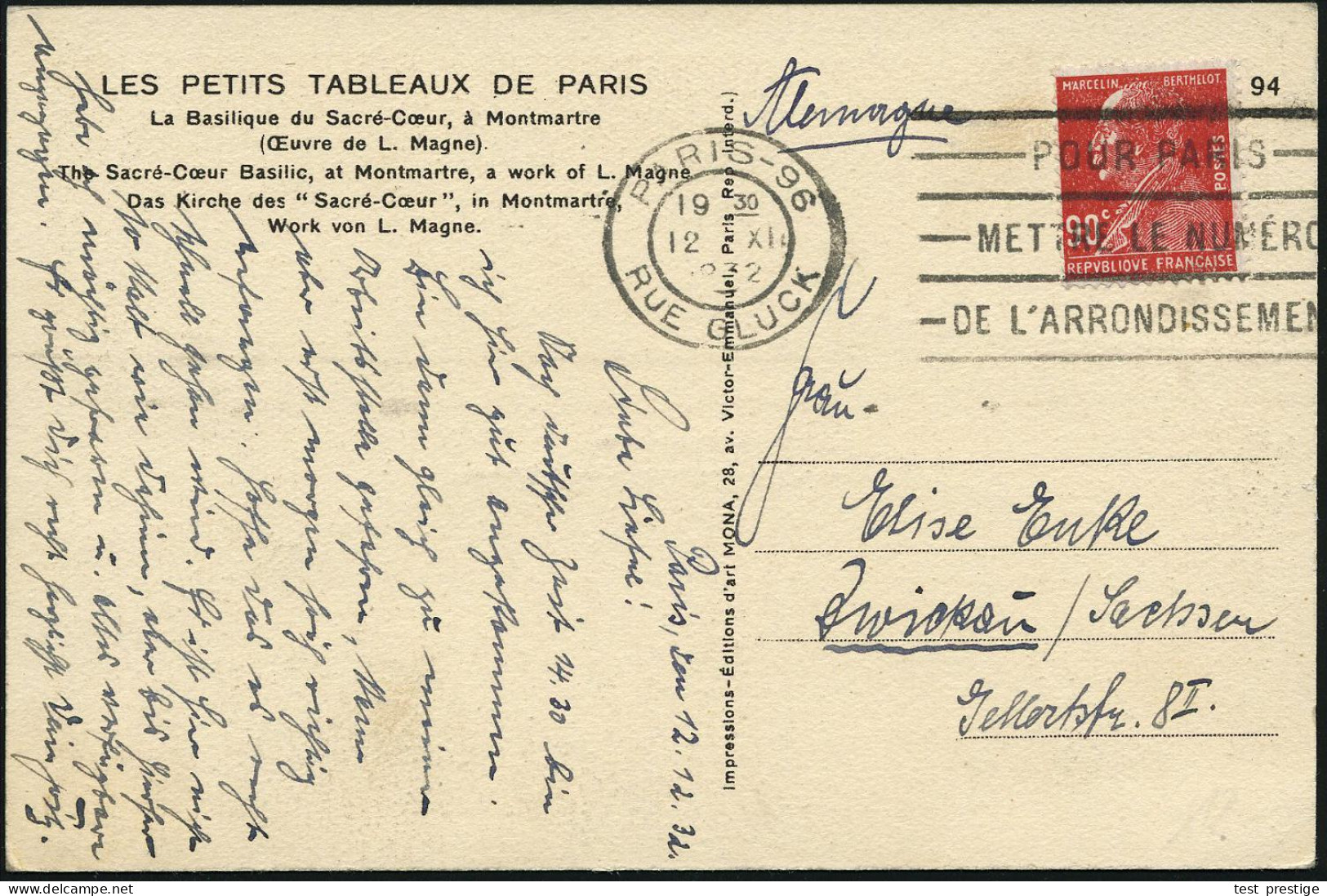 FRANKREICH 1932 MWSt: PARIS-96 / R U E  G L U C K /POUR PARIS/METTRE LE NUMERO.., Klar Gest. Ausl.-Ak.  (Mi.223) - KOMPO - Musique