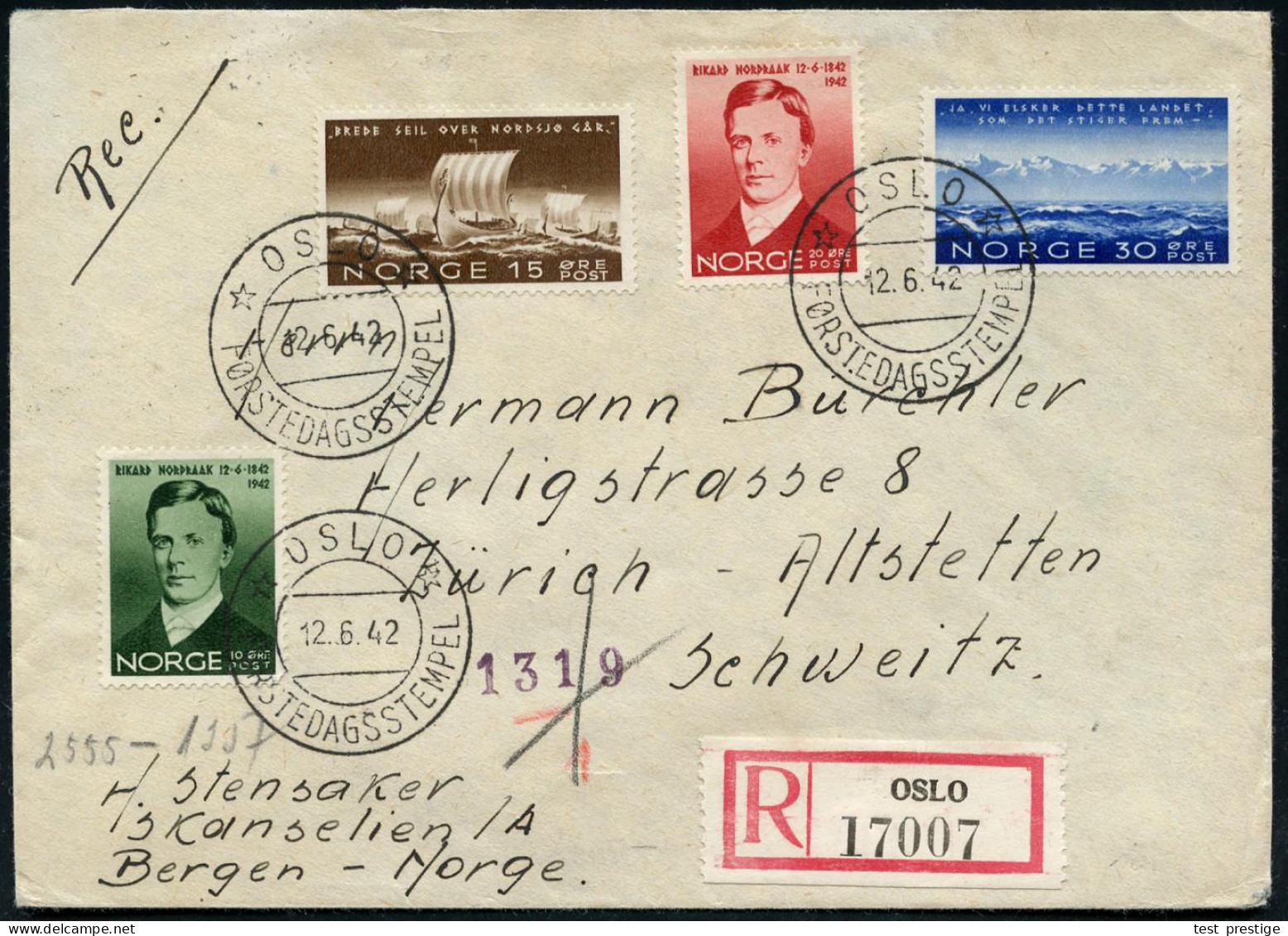 NORWEGEN 1942 (12.6.) R. Nordraak, Kompl.Satz + 3x Ersttags-SSt: OSLO + Rs.OKW-Transit-Zensur "Ao" (= Oslo, Rie.O-30 + 3 - Música