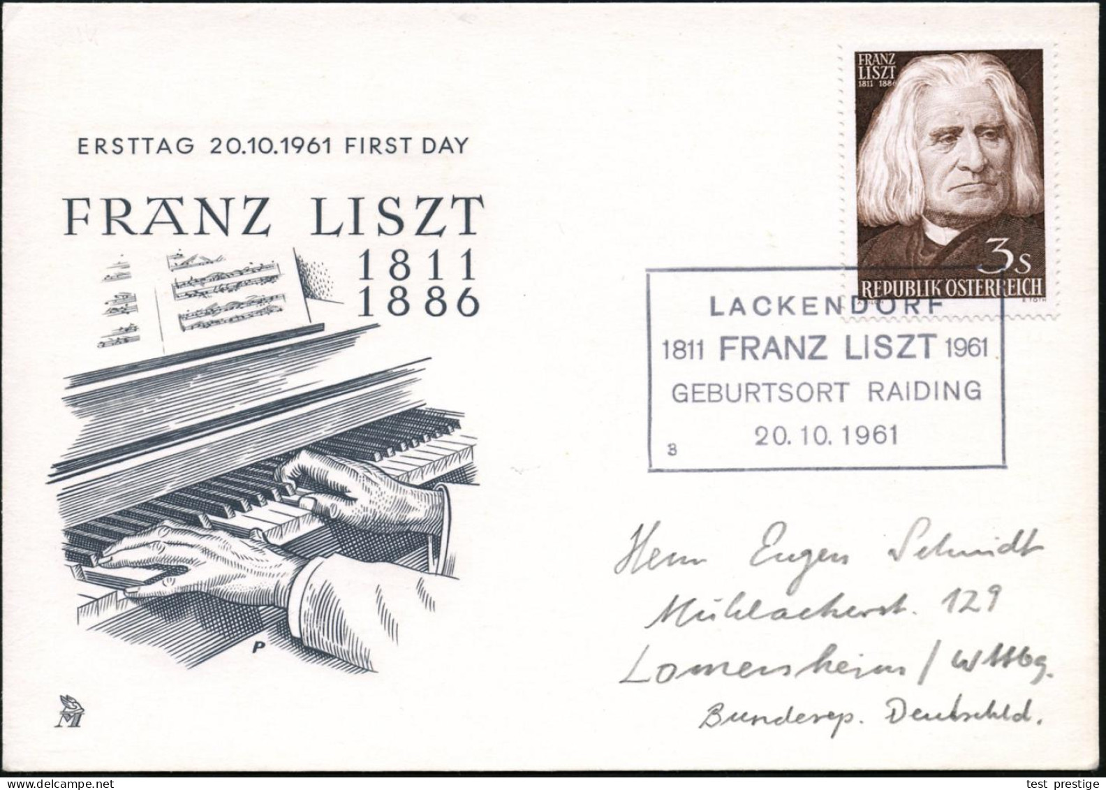 ÖSTERREICH 1961 (20.10.) SSt: LACKENDORF/FRANZ LISZT/GEBURTSORT RAIDING Klar Auf EF 3 S. F. Liszt, Liszt-Ausl.-Sonderkar - Music