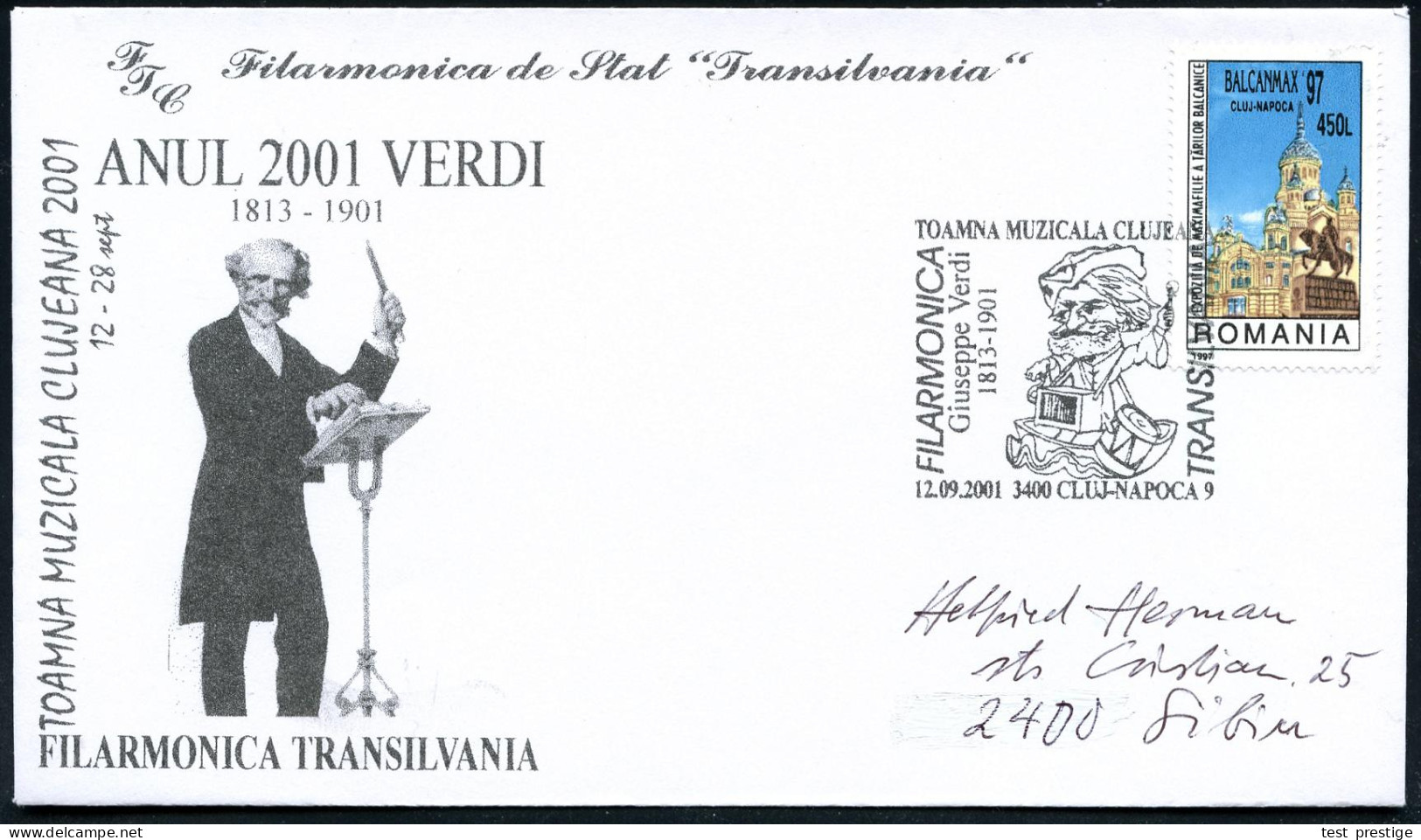 RUMÄNIEN 2001 (12.9.) SSt.: 3400 CLUJ-NAPOCA 9/TOAMNA MUZICALA CLUJEANA/Giuseppe Verdi.. = Verdi-Karikatur Mit Leierkast - Musik