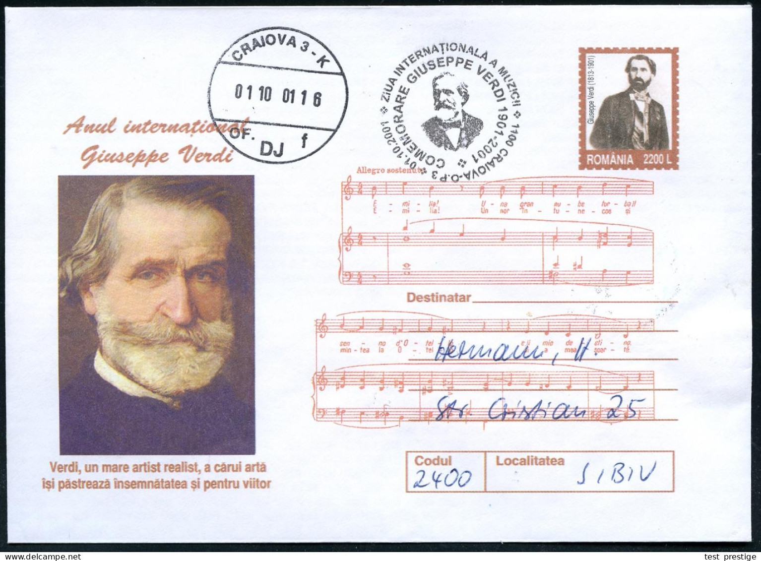 RUMÄNIEN 2001 (1.10.) SSt.: 1100 CRAIOVA-O-P- 3/..COMEMORARE GIUSEPPE VERDI.. (Brustbild Verdi Ohne Hut) Auf Sonder-U 22 - Musique