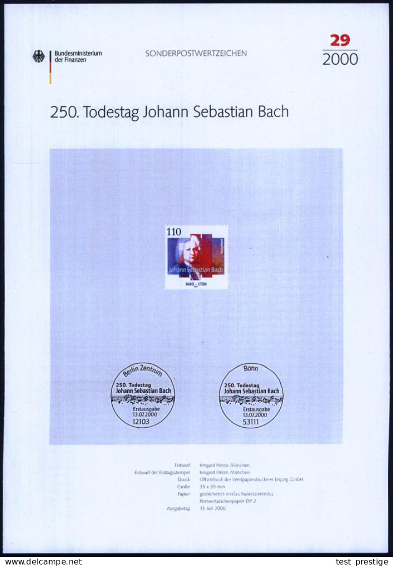 B.R.D. 2000 (Juli) 110 Pf. "250. Todestag Joh. Seb. Bach", Postfr. Mit Amtl. Handstempel  "M U S T E R" Postfr. + Amtl.  - Music