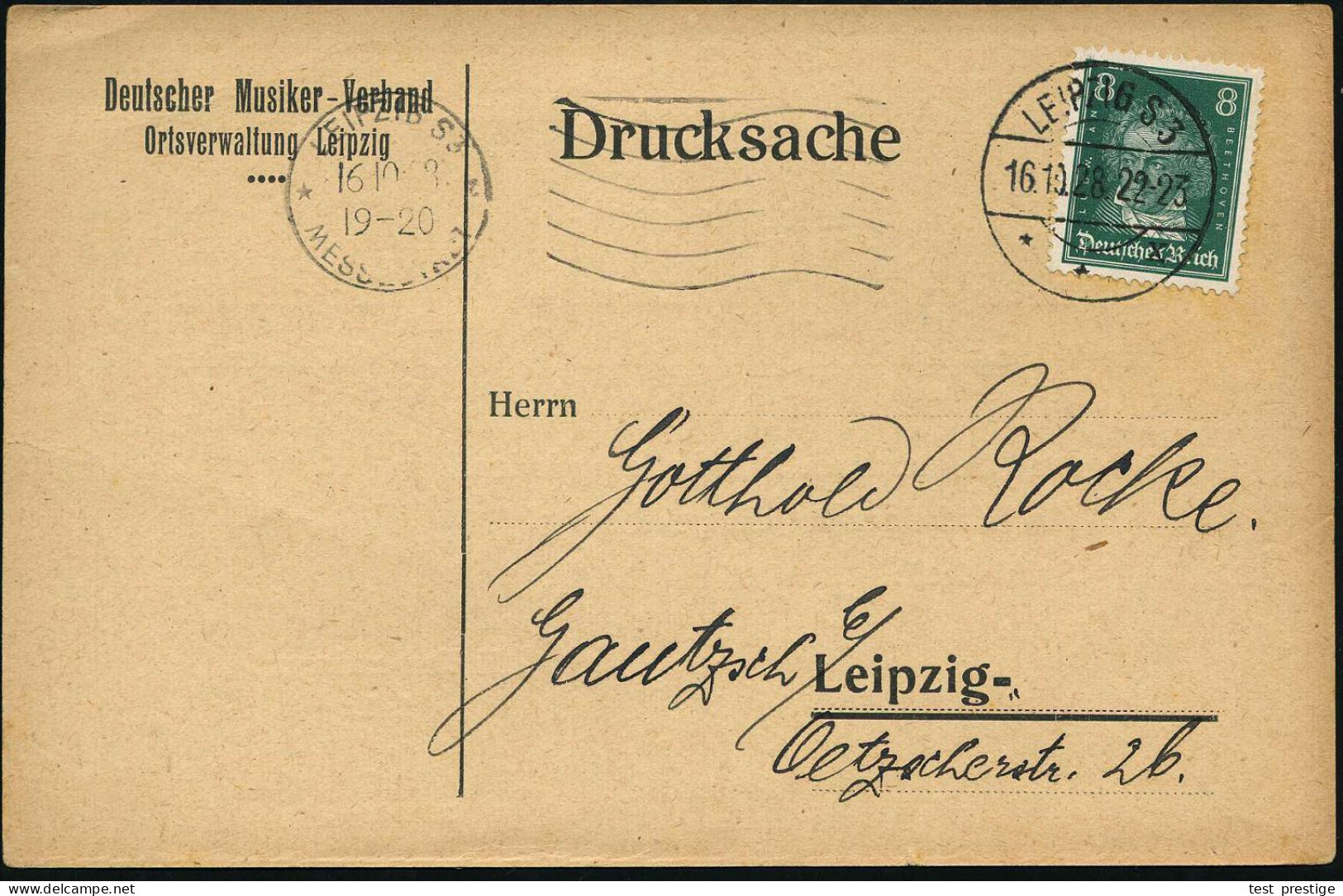 LEIPZIG S 3/ **x 1928 (16.10.) 1K-Brücke Als Nachträgl. Entwertung Auf EF 8 Pf. Beethoven, EF + MaWSt  (neben Der Marke) - Music