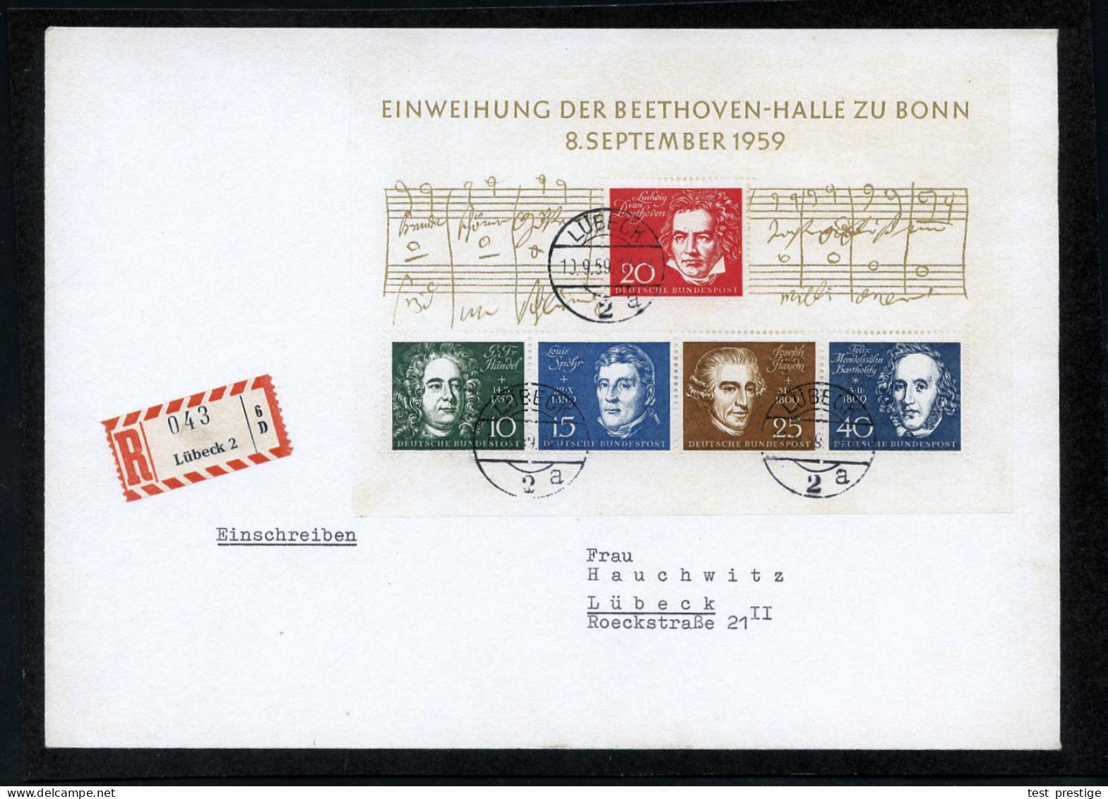 B.R.D. 1959 (10.9.) Komponisten-(Beethoven)-Block, EF , Klar Gest.  + RZ: Lübeck 2, Orts-R-Bf.  (Bl.2 EF + 120.- EUR) -  - Musique