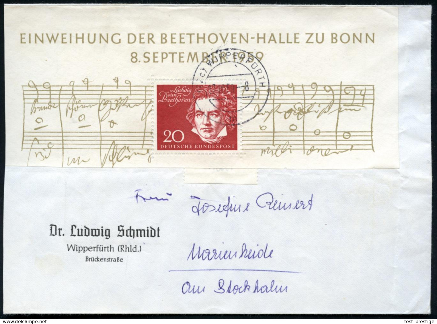 B.R.D. 1960 20 Pf. Beethoven, EF Block-Oberrand Mit Rand- I N S C H R I F T  U. Notenzeilen , Klar Gest., Portorichtiger - Música