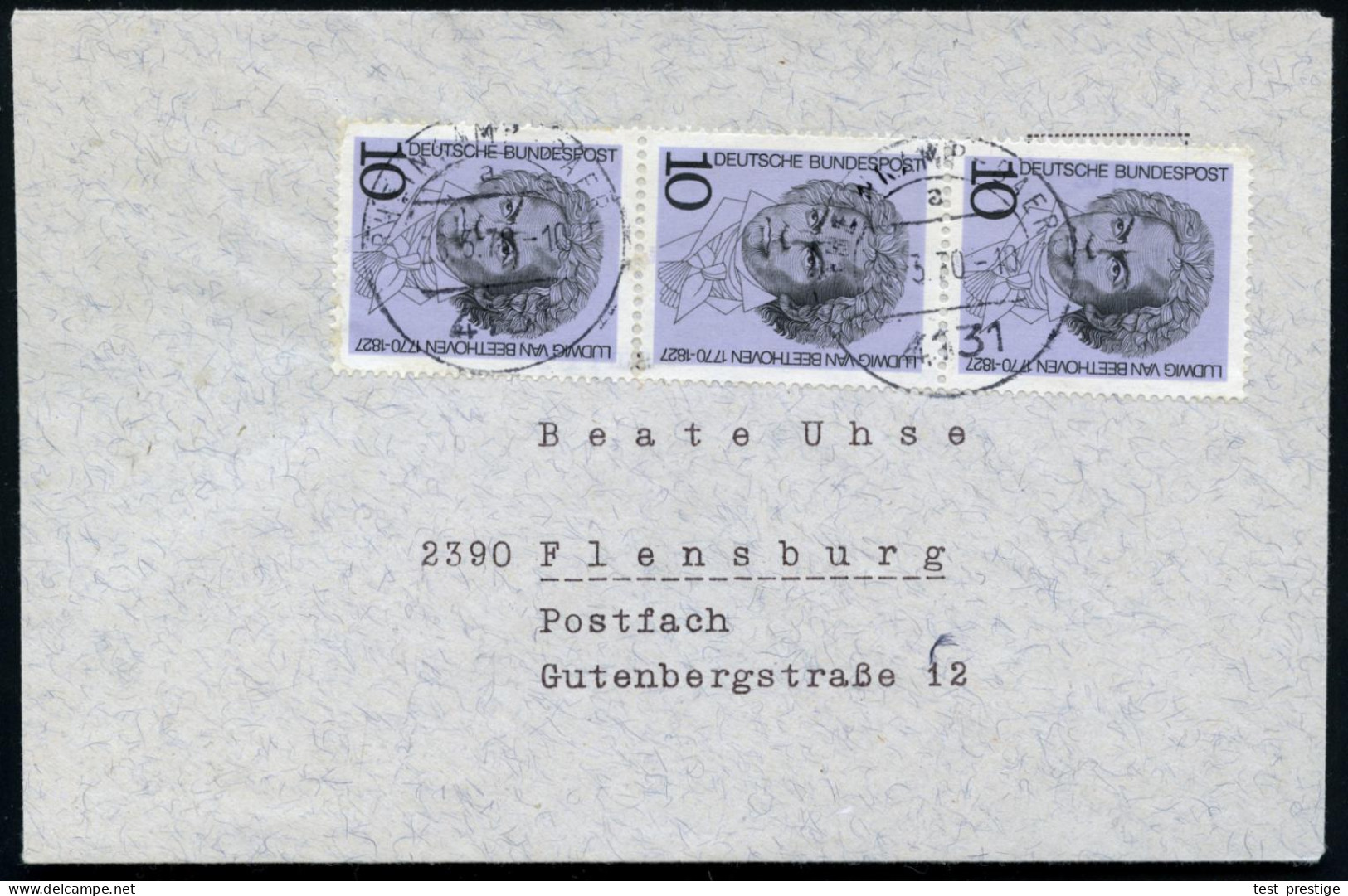 B.R.D. 1970 (11.9.) 10 Pf. Beethoven, Reine MeF: 3er-Streifen , Klar Gest. Inl.-Bedarfs-Bf. (Mi.616 MeF) - LUDWIG VAN BE - Musique