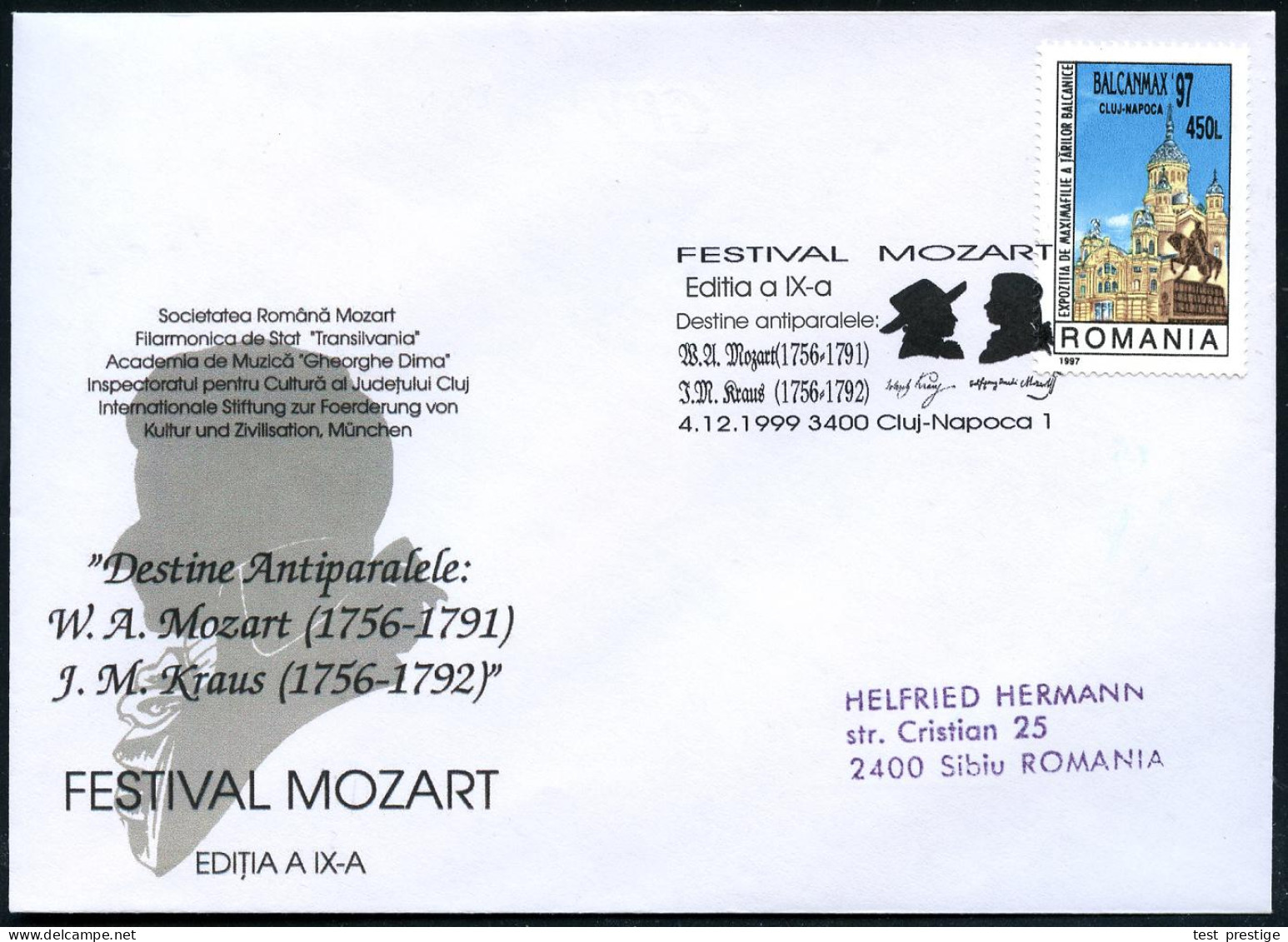 RUMÄNIEN 1999 (4.12.) SSt: 3400 Cluj-Napoca 1/FESTIVAL MOZART../W.A.Mozart/J.M.Kraus (2 Kopfsilhouetten Kraus, Mozart) I - Musique