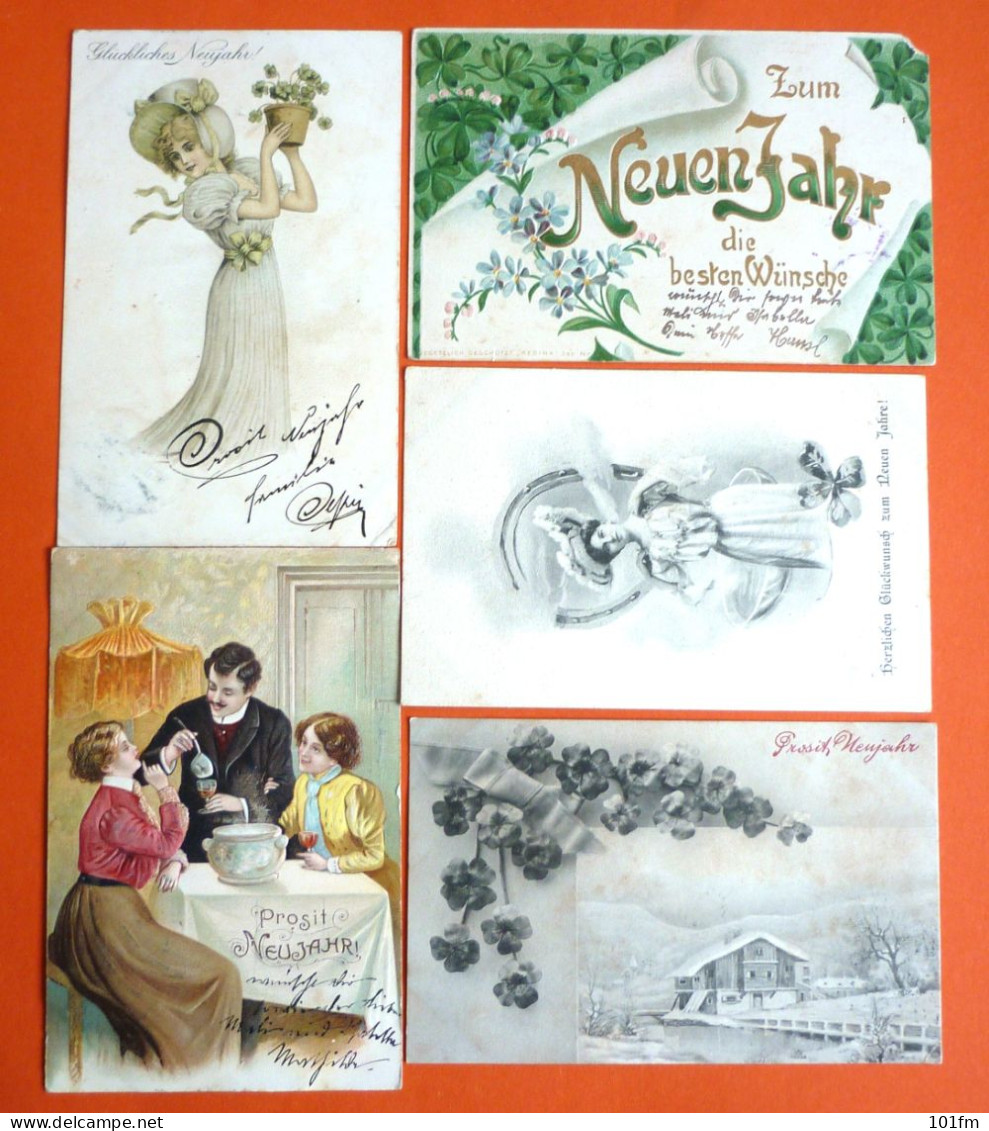 LOT 5 OLD GREETINGS POSTCARDS, ALL USED WITH STAMPS, EXCELLENT CONDITION - Collections & Lots