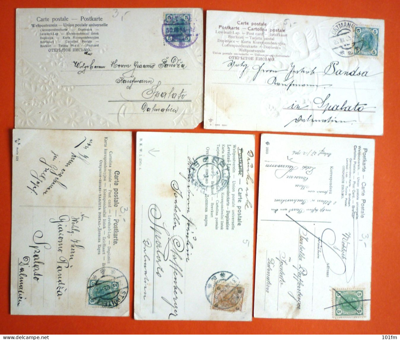 LOT 5 OLD GREETINGS POSTCARDS, ALL USED WITH STAMPS, EXCELLENT CONDITION - Colecciones Y Lotes