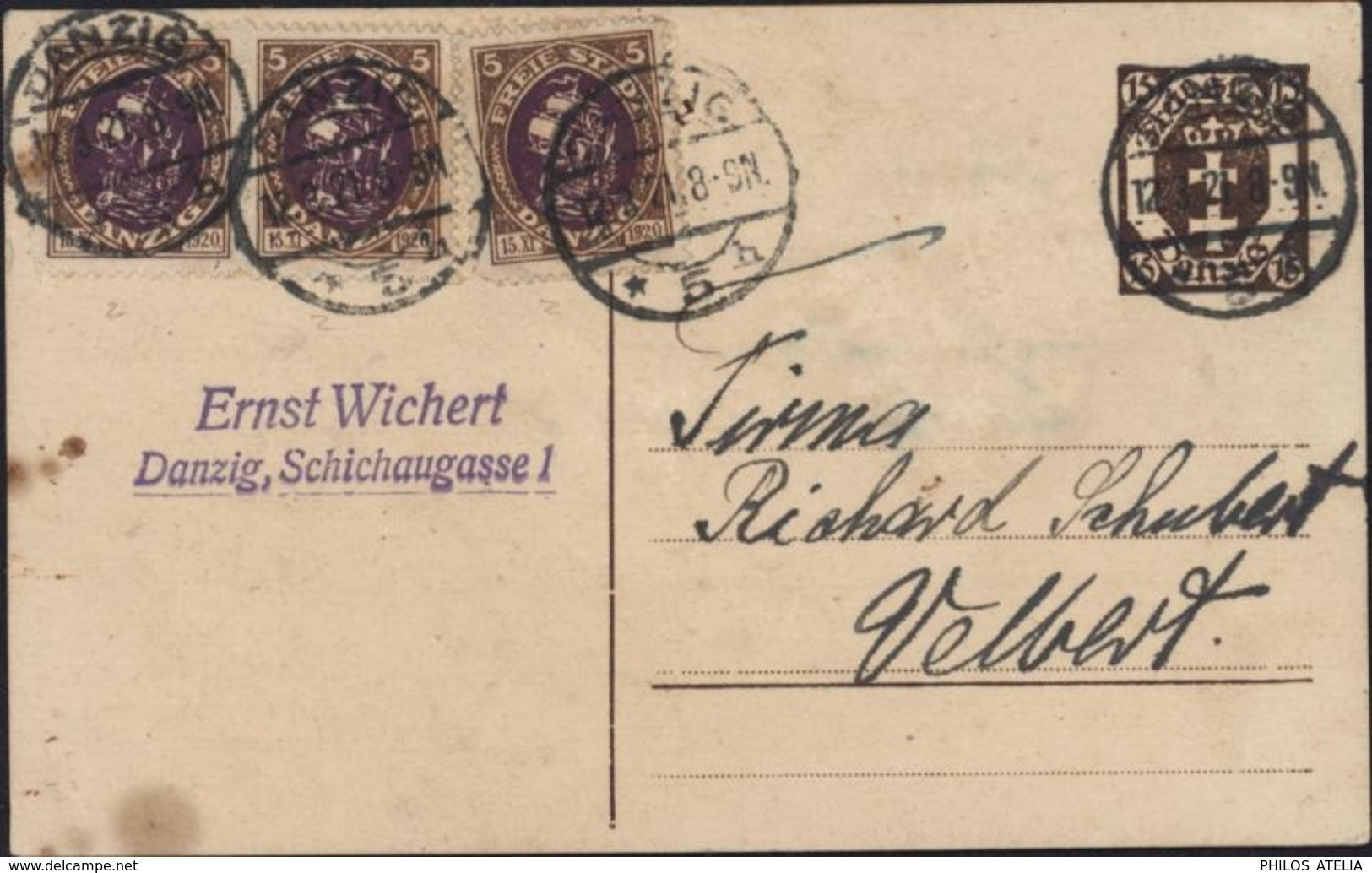 YT Danzig Freie Stadt Danzig N°47 X3 Sur Entier 15PF Violet CAD Danzig 12 3 21 * 5h Entier Rare - Postal  Stationery