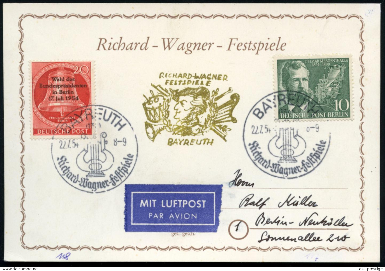 (13a) BAYREUTH/ Richard-Wagner-Festspiele 1954 (12.8.) SSt (Lyra) 2x Klar Auf Berlin-Frankatur (Mi.117/18, + 15.- EUR) F - Musique