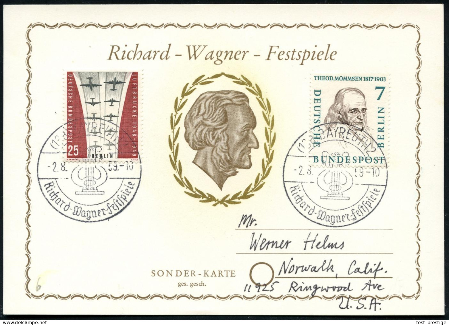 (13a) BAYREUTH 2/ Richard-Wagner- Festspiele 1959 (2.8.) SSt (Lyra) 2x Auf Festspiel-Sonder-Kt. (Michaelis Nr.8, Wagner- - Musique